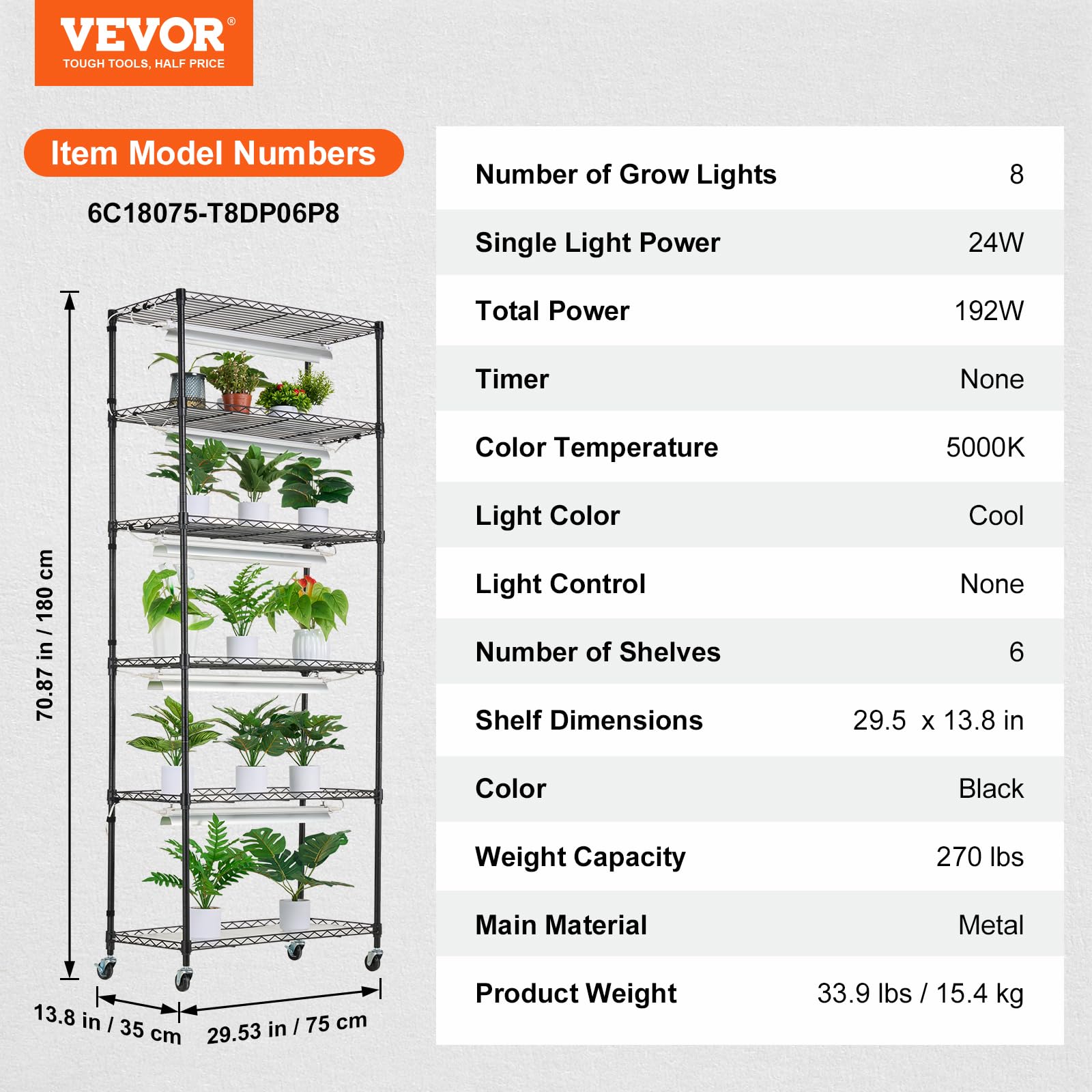 Foto 8 pulgar | Soporte Para Plantas Con Lámpara De Cultivo Vevor, 6 Niveles, 192 W 5000 K, 29,5 X 13,8 X 70,9 Cm - Venta Internacional
