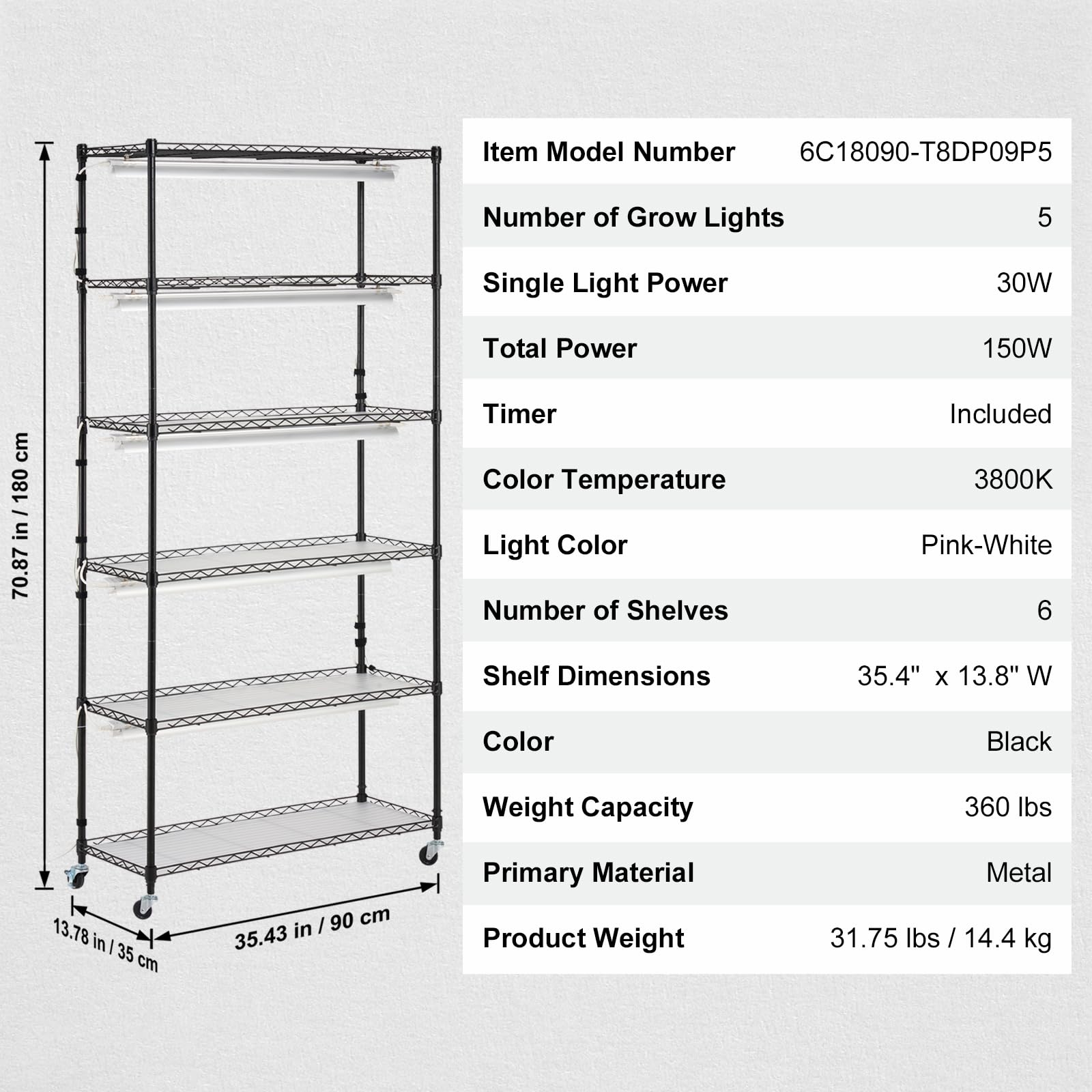 Foto 7 | Soporte Para Plantas Con Luz De Cultivo Vevor, 6 Niveles, 150 W, Espectro Completo - Venta Internacional.
