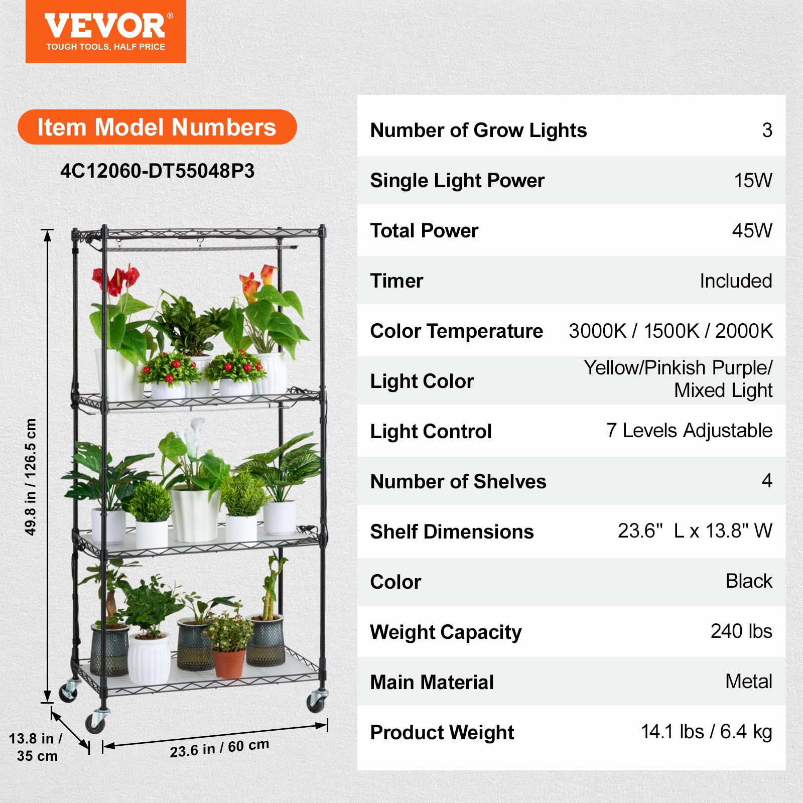Foto 8 pulgar | Soporte Para Plantas Con Luz De Cultivo Vevor De 4 Niveles, 45 W, Espectro Completo - Venta Internacional.