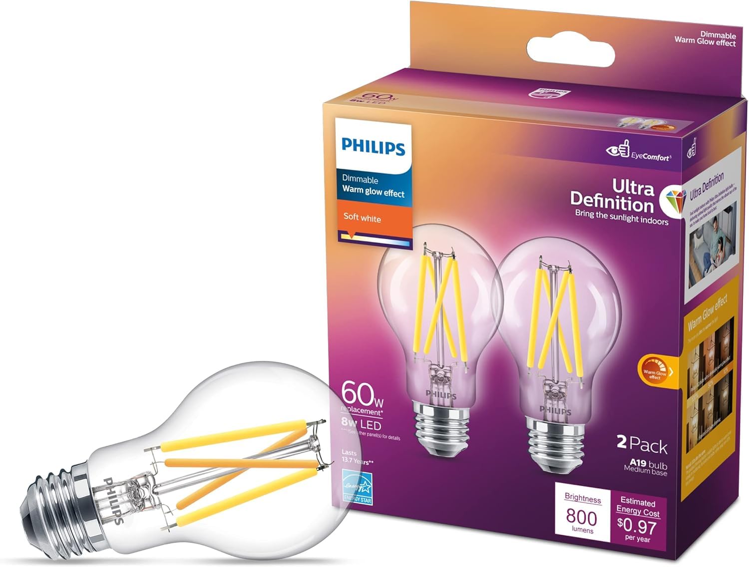 Foto 3 pulgar | Bombilla Led Philips A19 Ultra Definition 11,5 W 2700 K E26, Paquete De 8 - Venta Internacional.