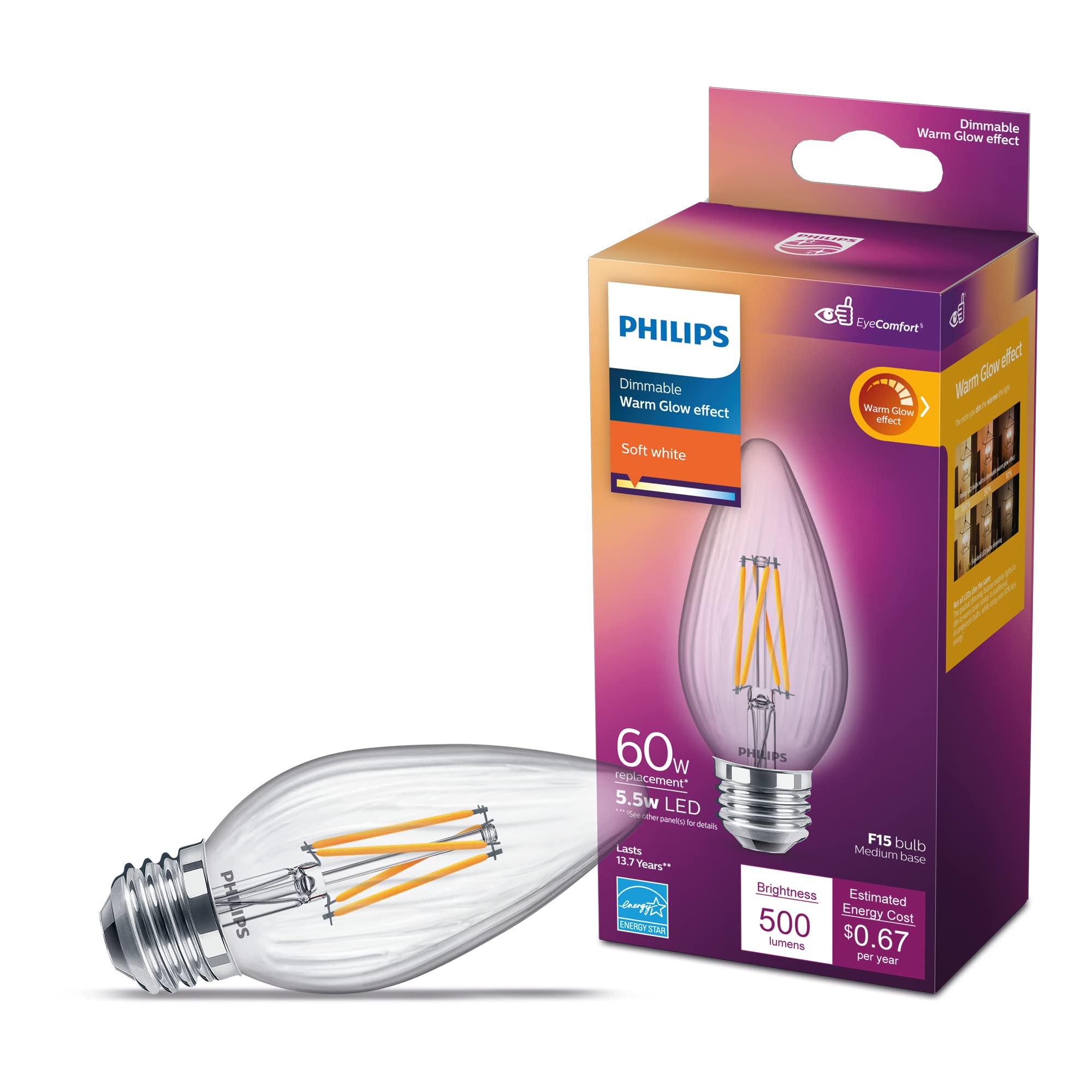 Bombilla Led Philips, Transparente, Regulable, 5,5 W (60 W), 500 Lm, E26 - Venta Internacional.