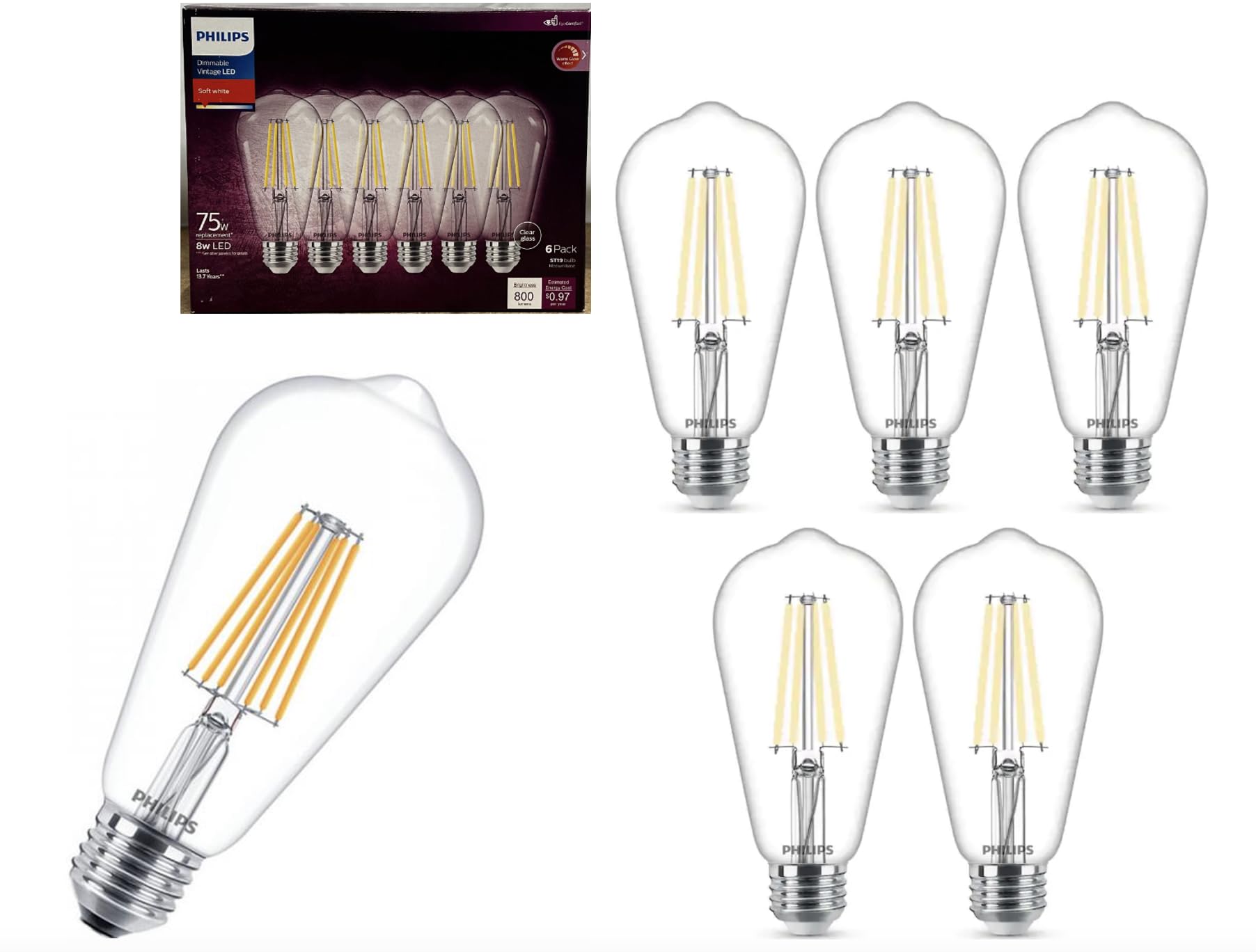 Foto 2 pulgar | Bombilla Led Philips Vintage Sin Parpadeo, Transparente, St19, 8 W = 75 W, 2700 K - Venta Internacional.