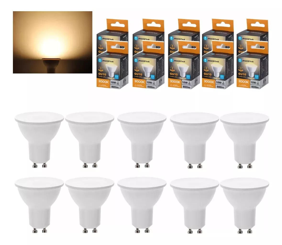 Foto 1 | Lampara Foco Led Ahorrador Gu10 10w 10pcs Aigostar