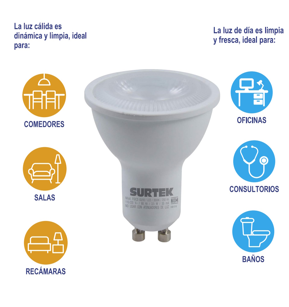 Foto 3 | Lámpara Led Luz Cálida 3000k Tipo Gu10 4.5w Surtek