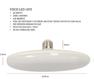 Foto 5 pulgar | Xtellar - Foco Led Premium Ufo De 20 Watts, Luz Blanca Y Redondo Con Base E27 Ideal Para Iluminación Deco