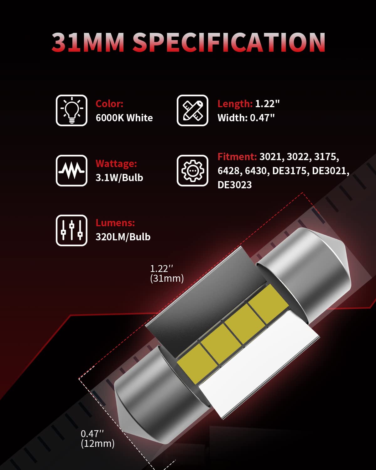 Foto 7 | Bombilla Led Lasfit De3022 Festoon De3175 De3021 De3023 De 31 Mm, 400 Lúmenes - Venta Internacional.