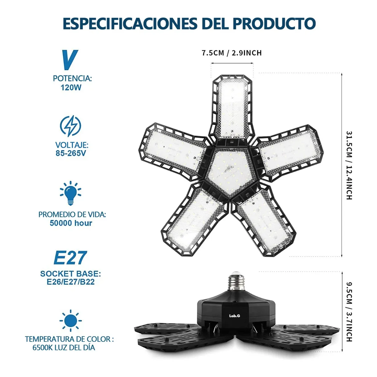Foto 6 pulgar | Foco Led Dirigible 5 Aspas 120w Potente Tipo / Industrial Lab.g Negro