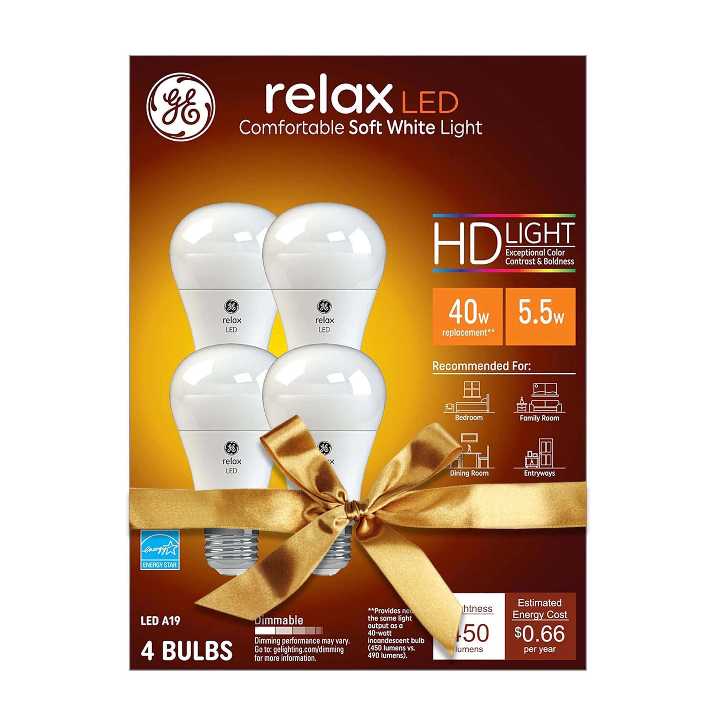 Bombillas Led Ge Relax De 40 W, Blanco Suave, A19, 6 W, Paquete De 4 - Venta Internacional.