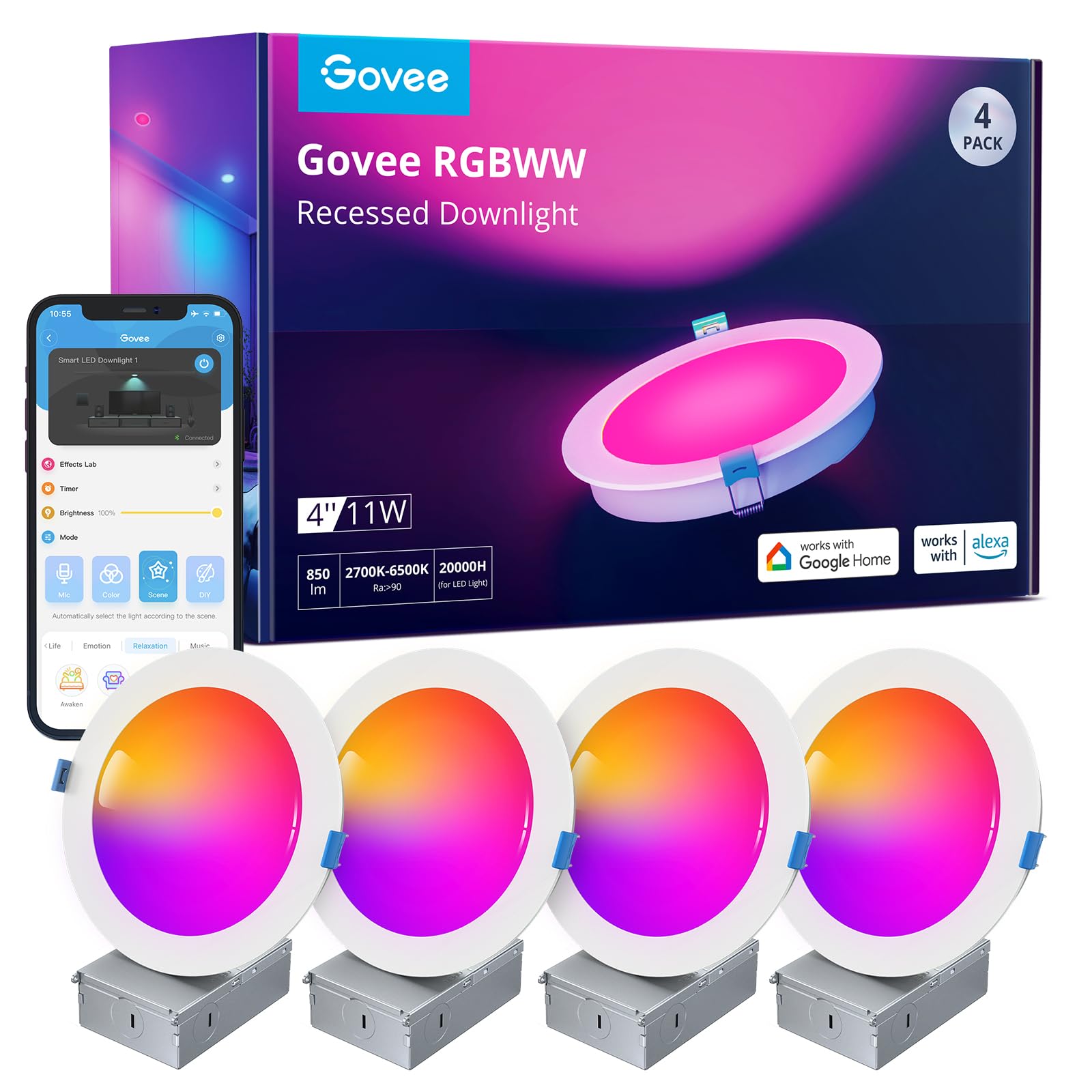 Foto 2 pulgar | Lámpara Empotrada Inteligente Govee De 10 Cm, Led Rgbww, 850 Lm, Paquete De 4 - Venta Internacional.
