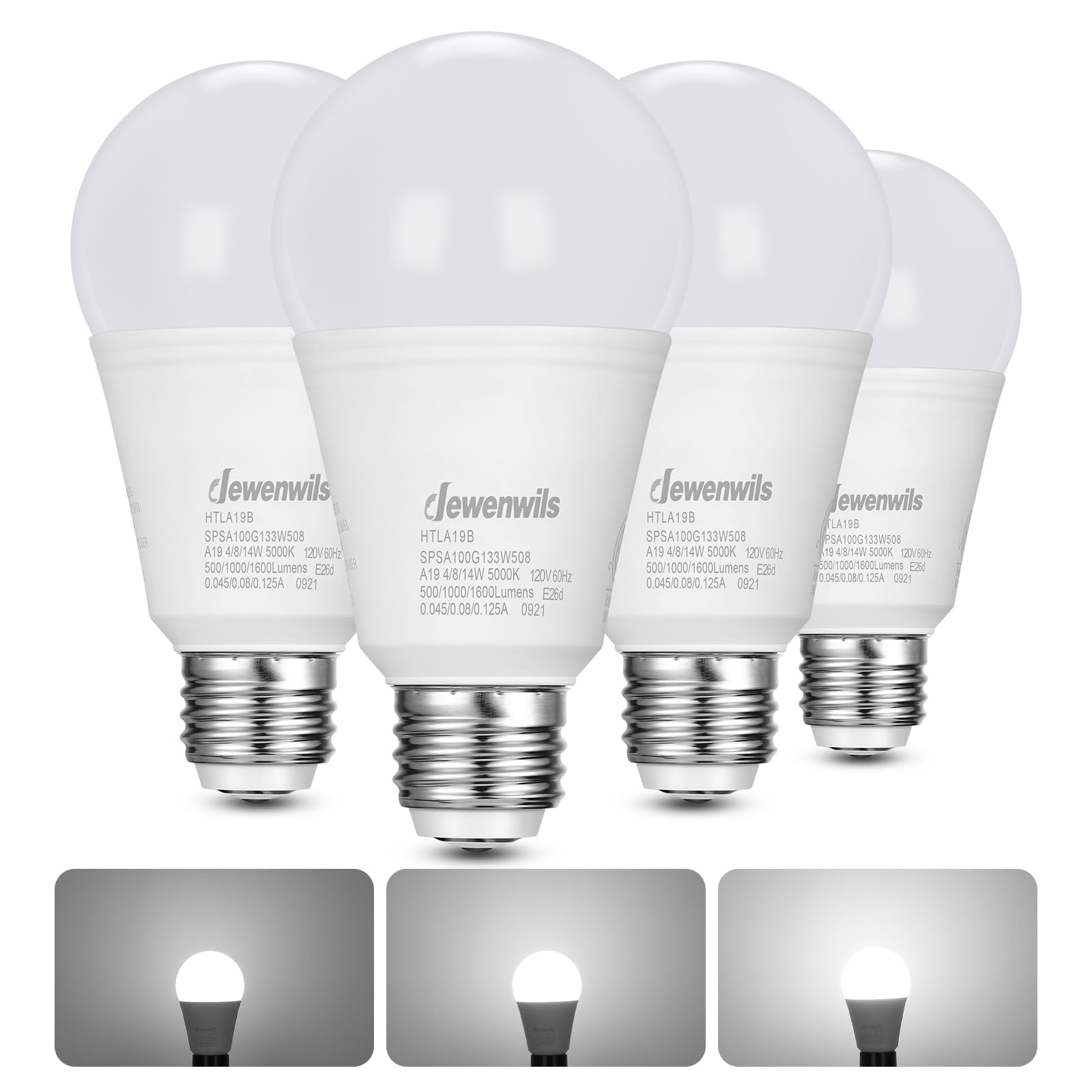 Paquete De 4 Bombillas Led Dewenwils De 3 Vías, 40/60/100 W, 5000 K, A19, E26 - Venta Internacional.