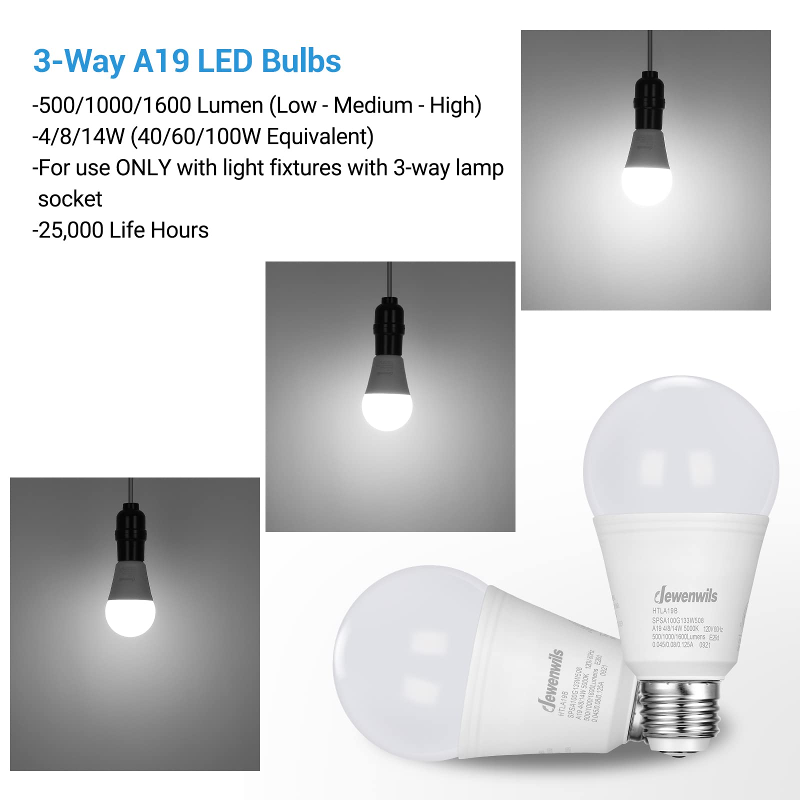 Foto 2 | Paquete De 4 Bombillas Led Dewenwils De 3 Vías, 40/60/100 W, 5000 K, A19, E26 - Venta Internacional.