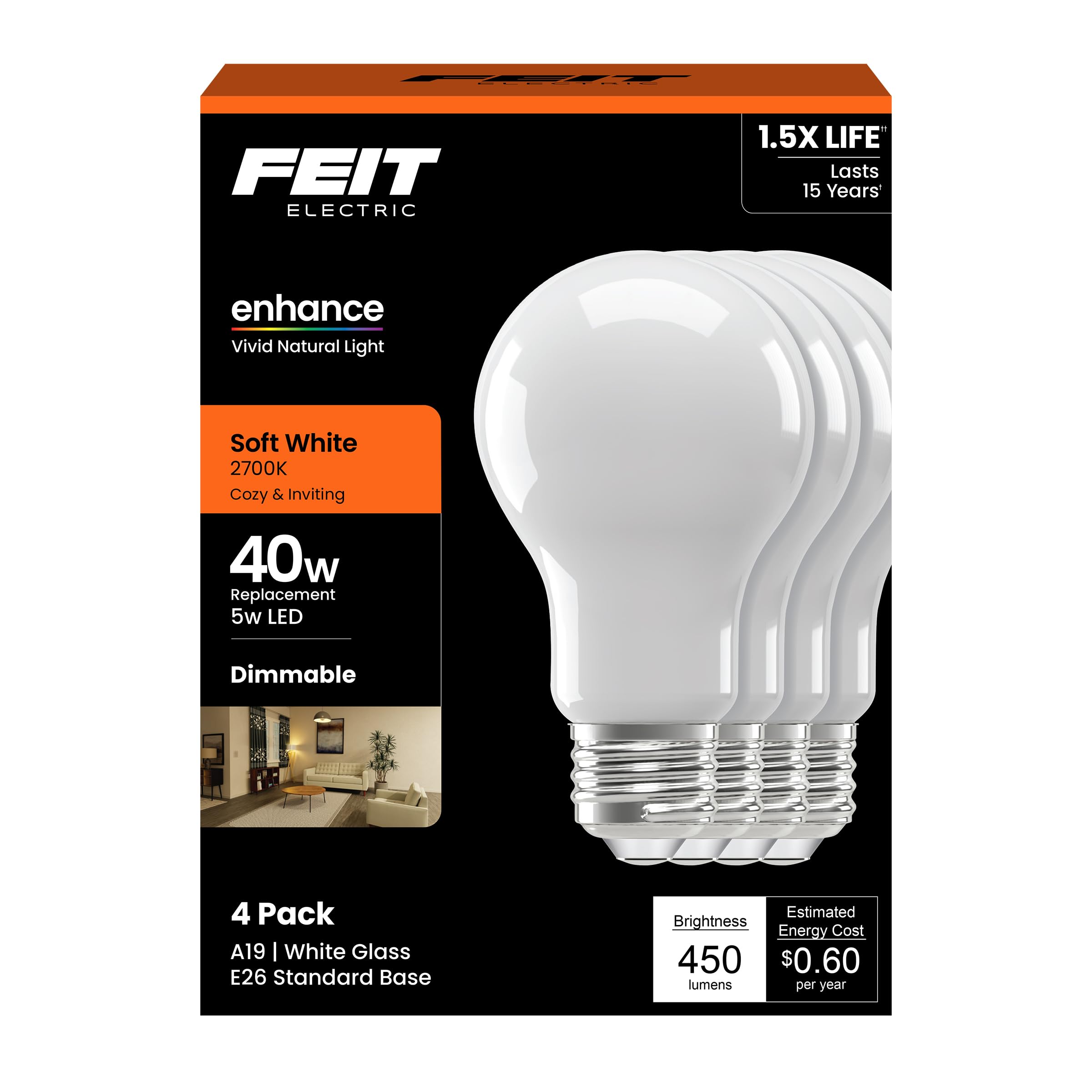 Foto 2 pulgar | Bombillas Led Feit Electric A19 8,8 W 450 Lm 4 Pack - Venta Internacional