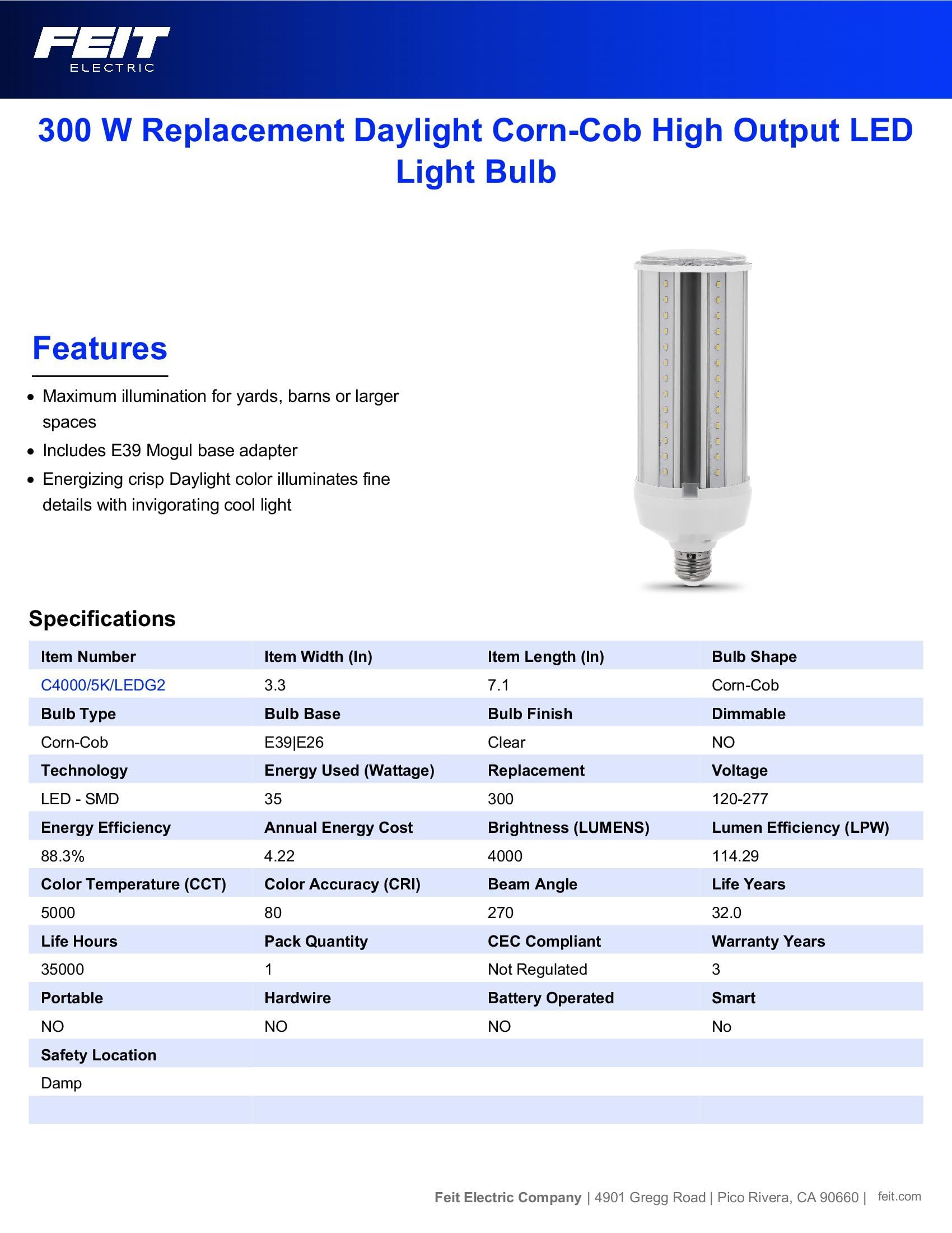 Foto 6 pulgar | Bombilla Led Feit Electric C4000/5k/ledg2 35 W 5000 K - Venta Internacional