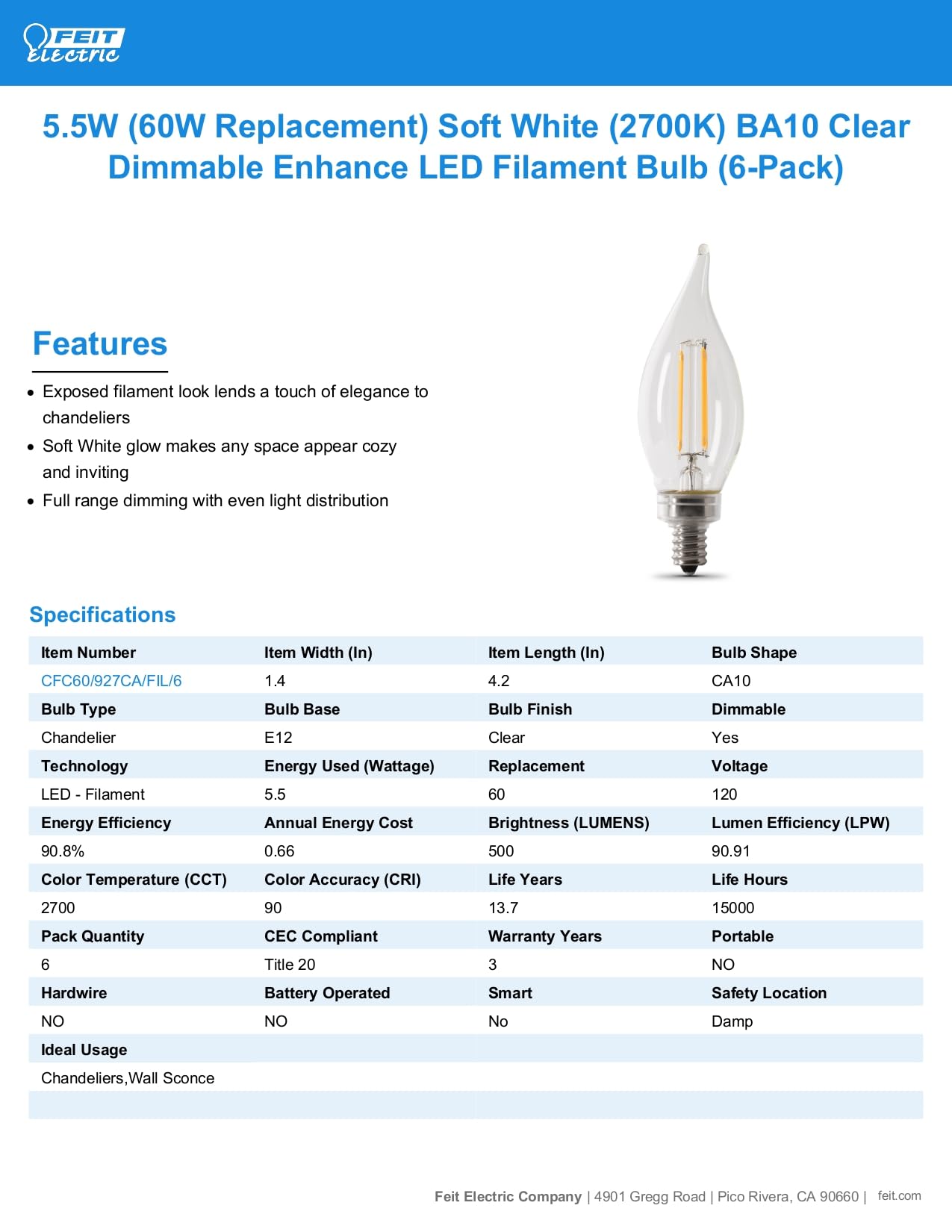 Foto 4 pulgar | Paquete de 6 Bombillas Led Feit Electric Ca10 6 W - Venta Internacional