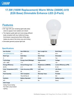 Foto 6 | Paquete De 2 Bombillas Led Feit Electric A19 Equivalentes A 100 W - Venta Internacional.