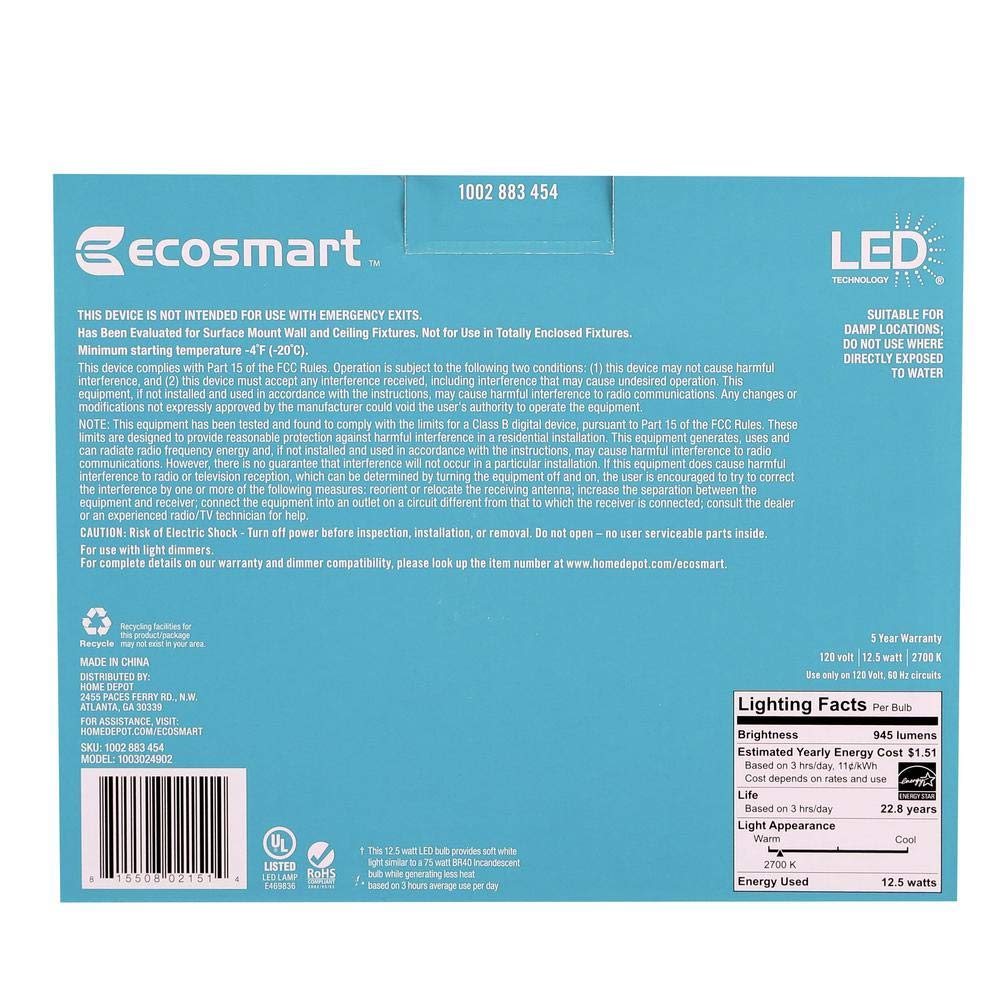 Foto 3 pulgar | Bombilla Led Ecosmart Br40 De 12 5 W  75 W  Color Blanco Suave (paquete De 2) - Venta Internacional.