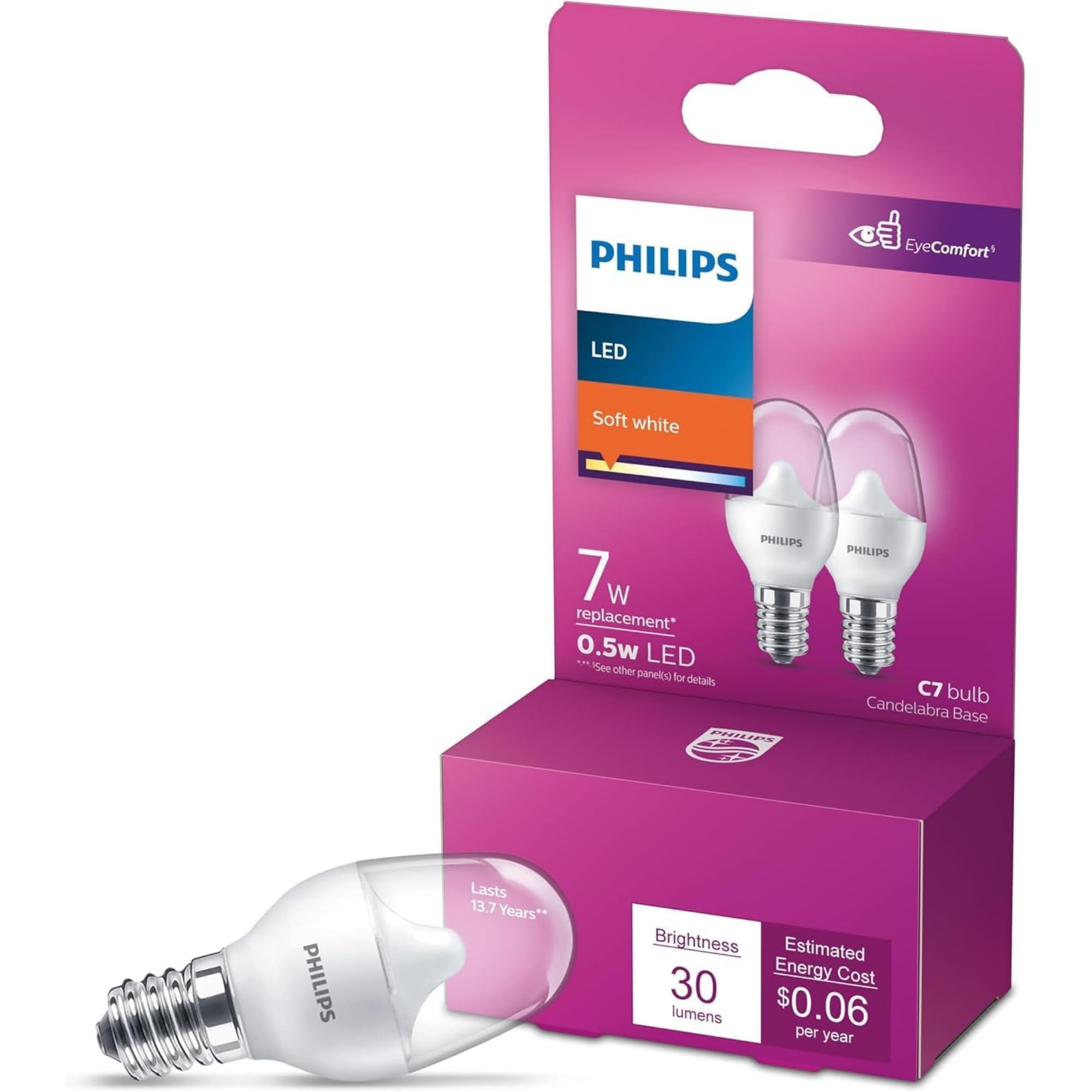 Foto 2 pulgar | Bombilla Nocturna Philips Led C7  0 05 W = 7 W  2700 K  E12  30 Lm  Paquete De 2 - Venta Internacional.