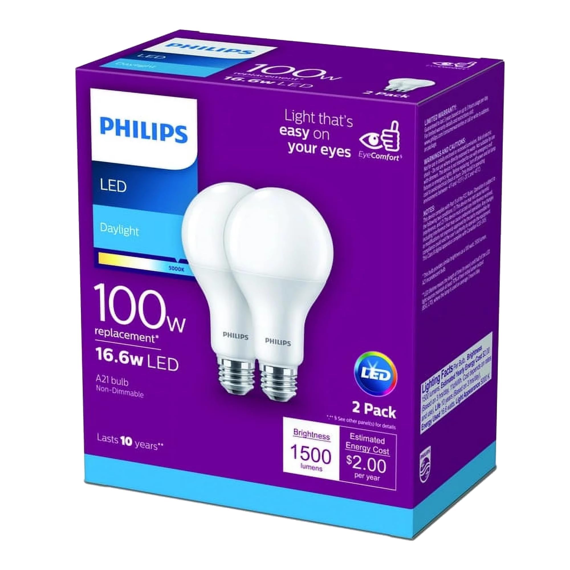 Bombilla Led Philips  Regulable  Esmerilada  A19  16 W (paquete De 2) - Venta Internacional.