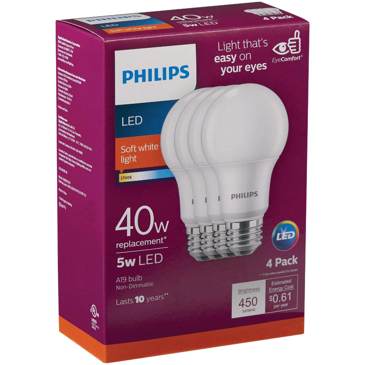 Foto 2 pulgar | Bombillas Led Philips A19 40 W 2700 K E26  Paquete De 4 - Venta Internacional.