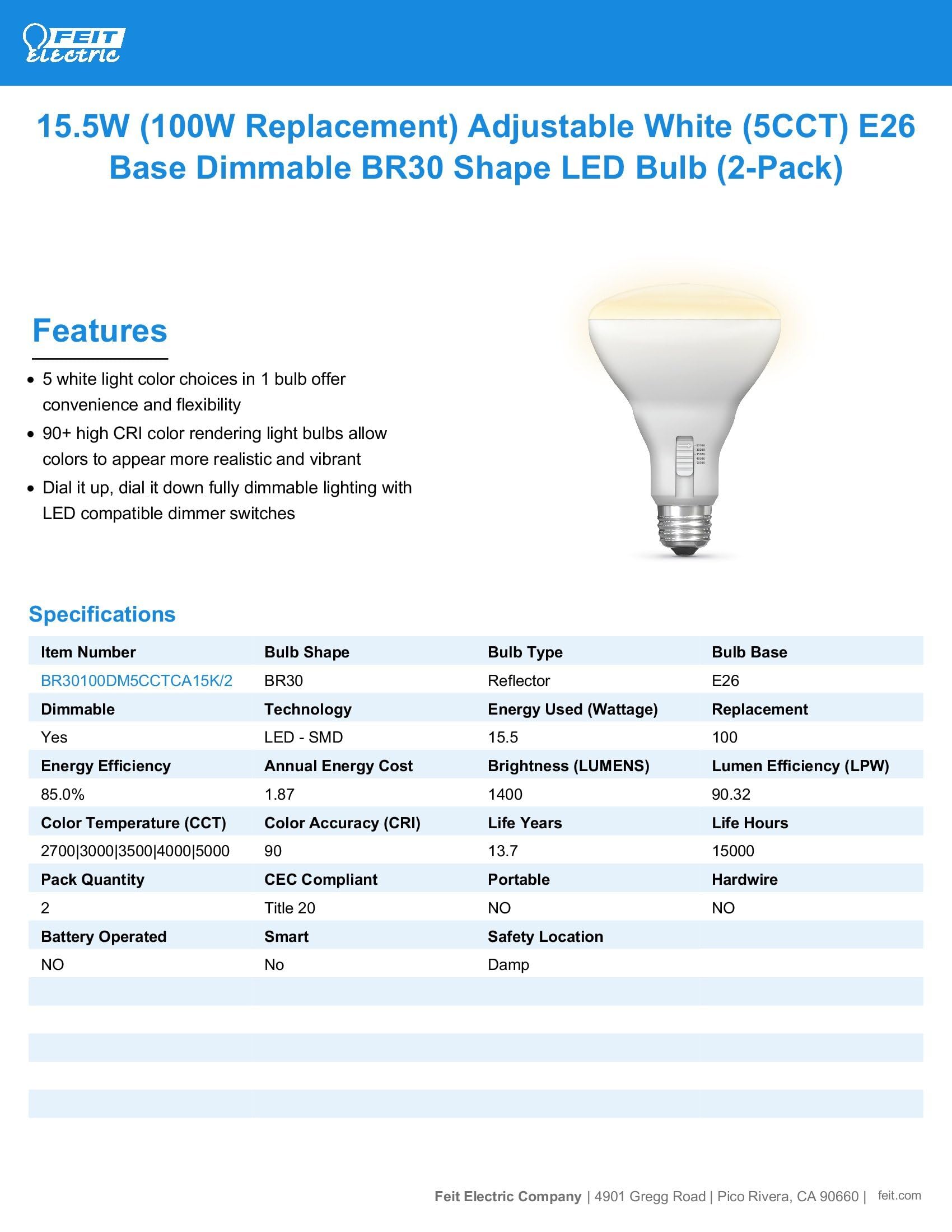 Foto 3 pulgar | Bombilla Led Feit Electric Br30 De 15 W  1400 Lm  5 Cct  Regulable - Venta Internacional.