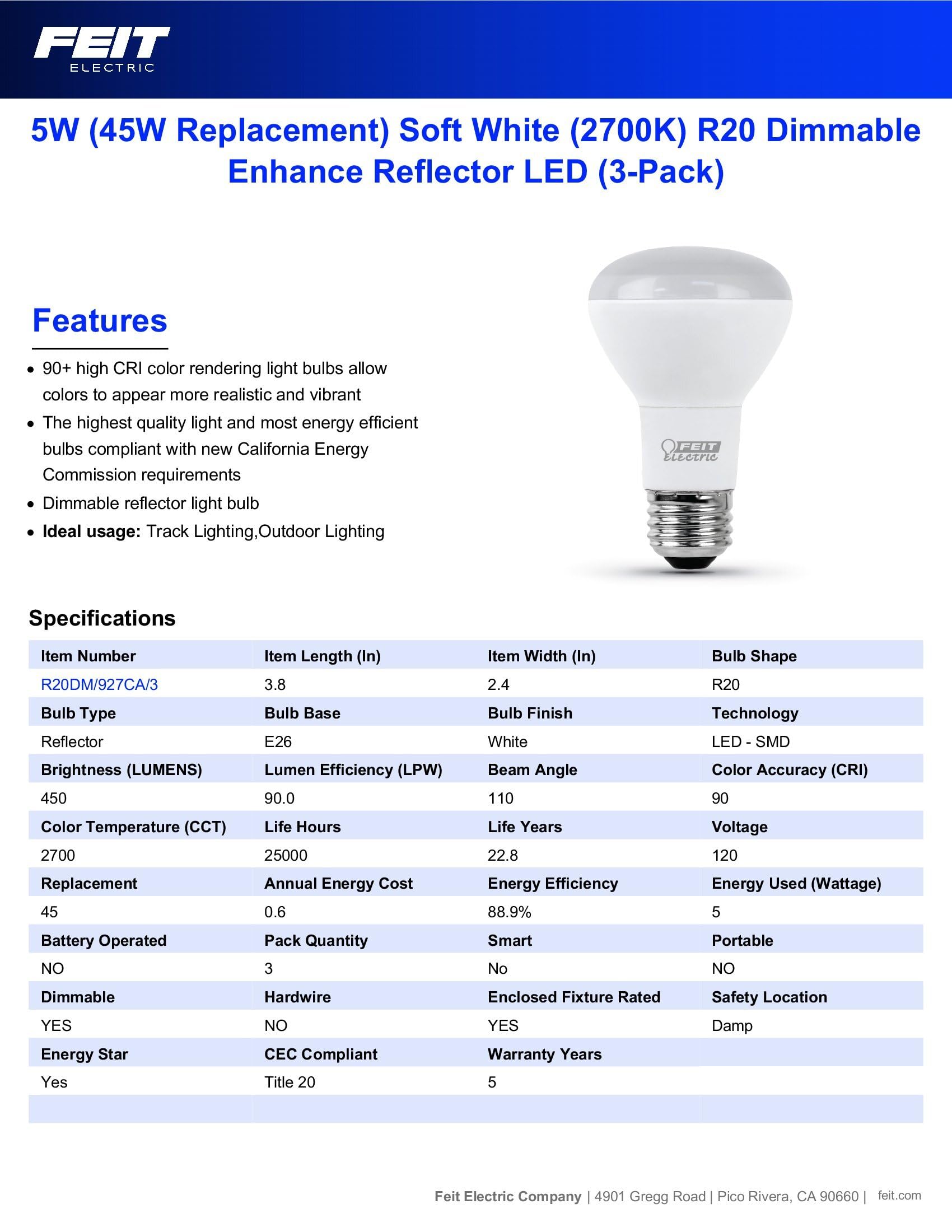 Foto 3 pulgar | Bombilla Led Feit Electric R20  5 W  450 Lm  2700 K  Regulable  Paquete De 3 - Venta Internacional.