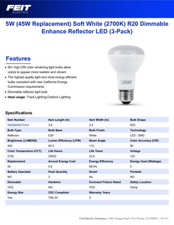 Foto 2 | Bombilla Led Feit Electric R20 5 W 450 Lm 2700 K Regulable Paquete De 3 - Venta Internacional.