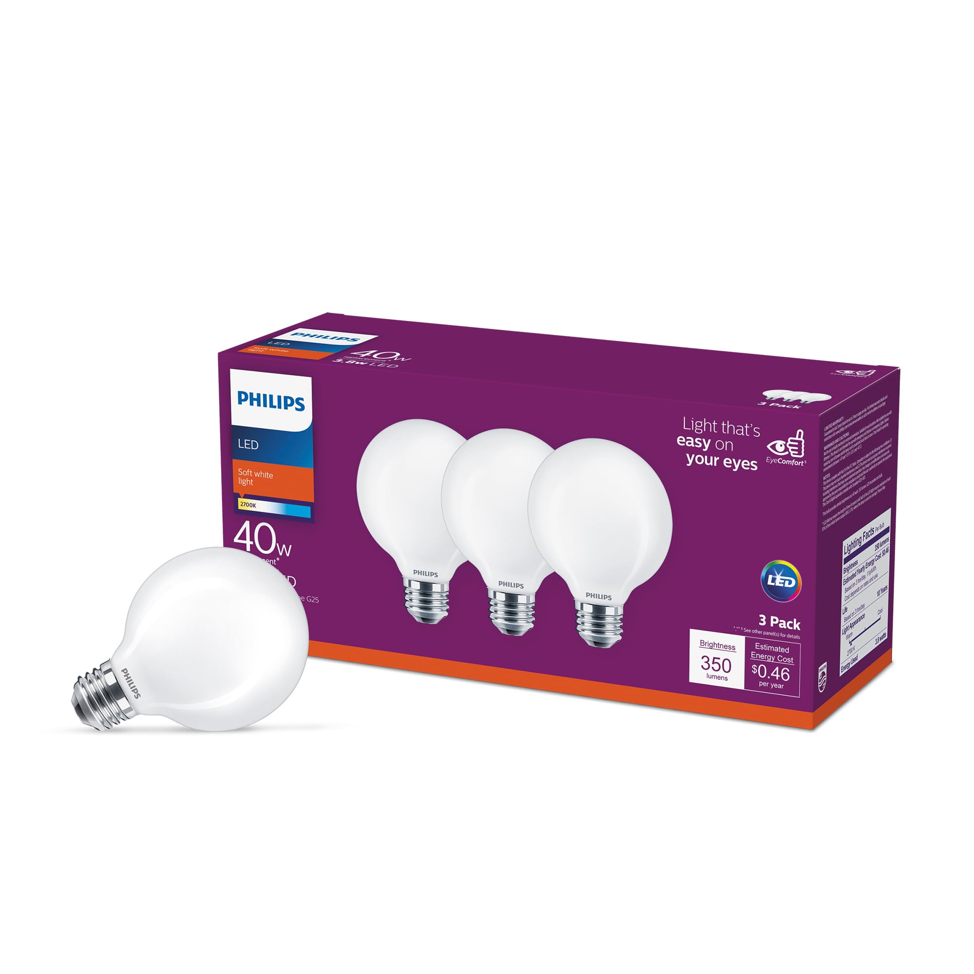 Bombilla Led G25 De Philips  3 8 W (40 W)  350 Lm  Color Blanco Suave  2700 K - Venta Internacional.