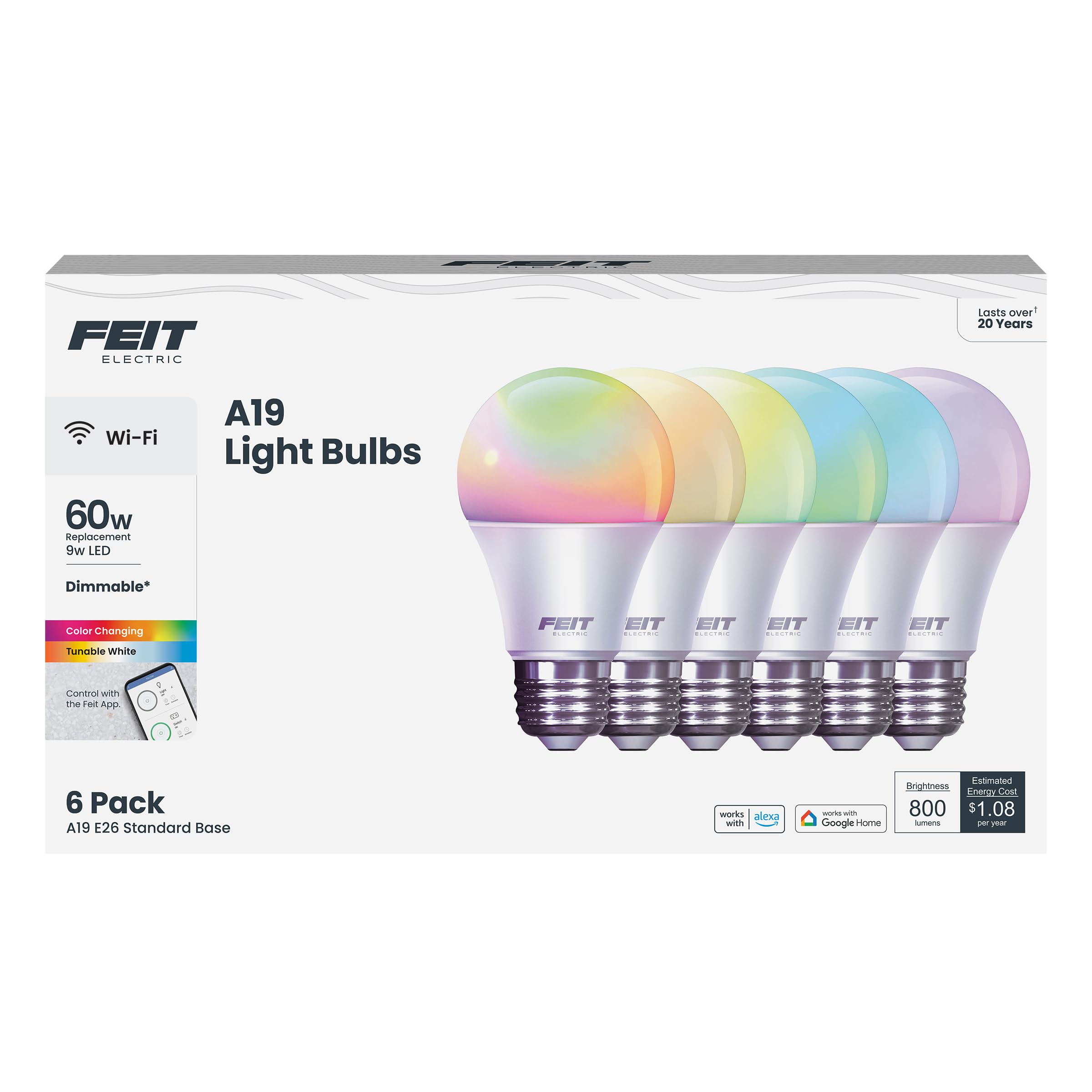 Bombilla Led Inteligente Feit Electric A19  9 W  Rgbw  800 Lm  Paquete De 6 - Venta Internacional.