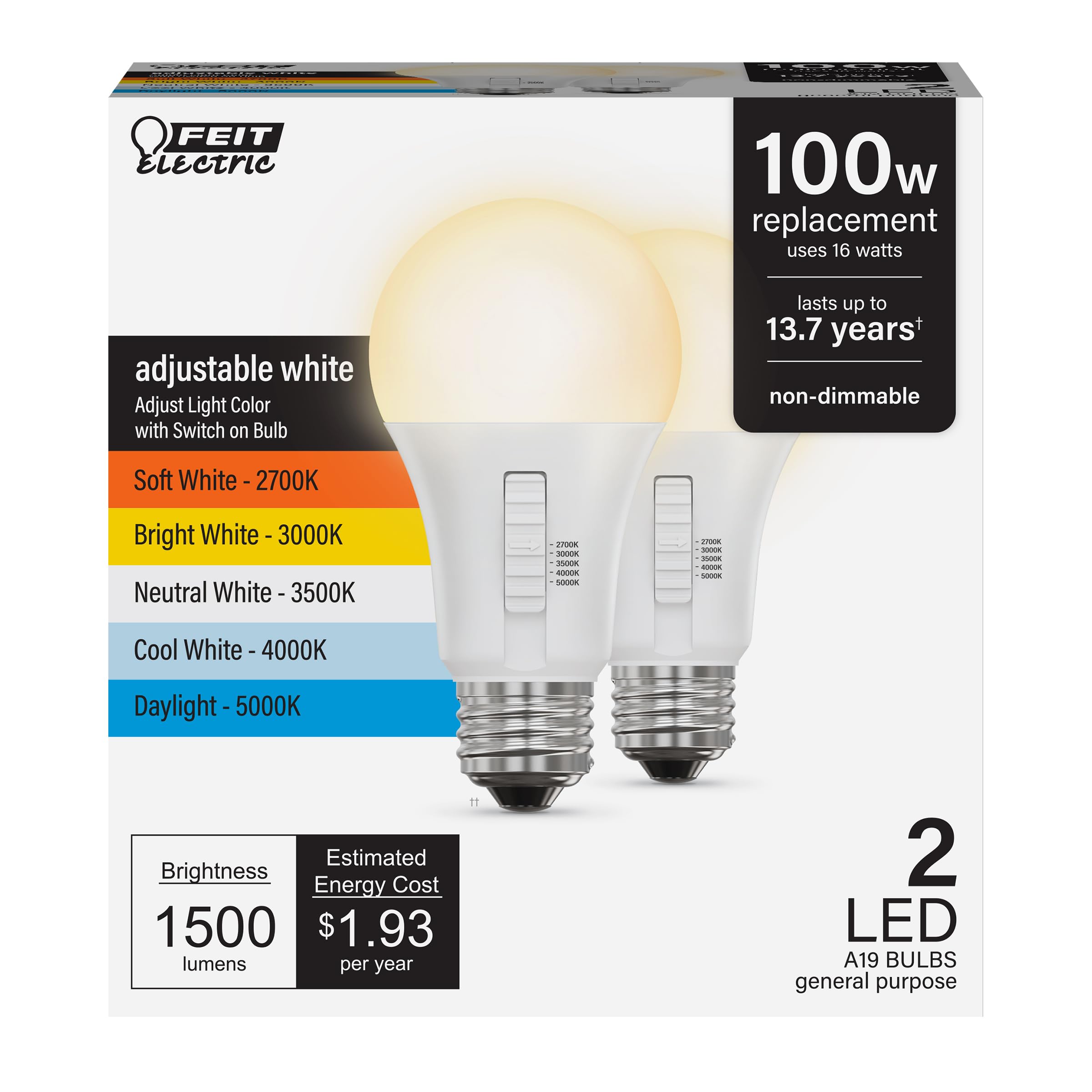 Foto 1 | Paquete De 2 Bombillas Led Feit Electric A19  14 W  1500 Lm  100 W  5 Cct - Venta Internacional.