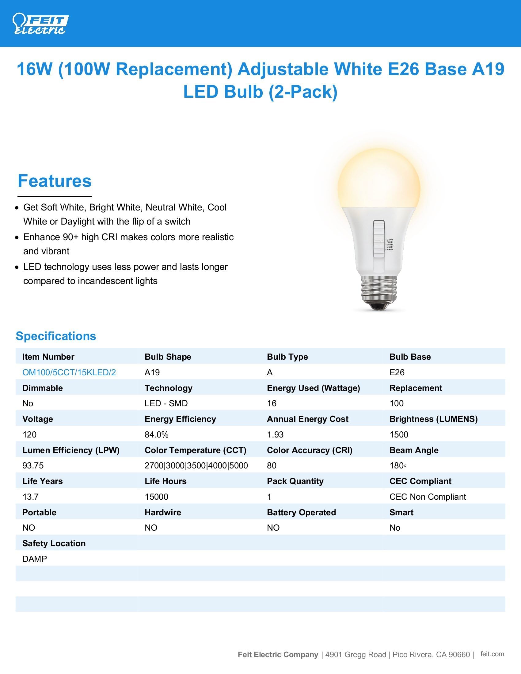 Foto 3 pulgar | Paquete De 2 Bombillas Led Feit Electric A19  14 W  1500 Lm  100 W  5 Cct - Venta Internacional.