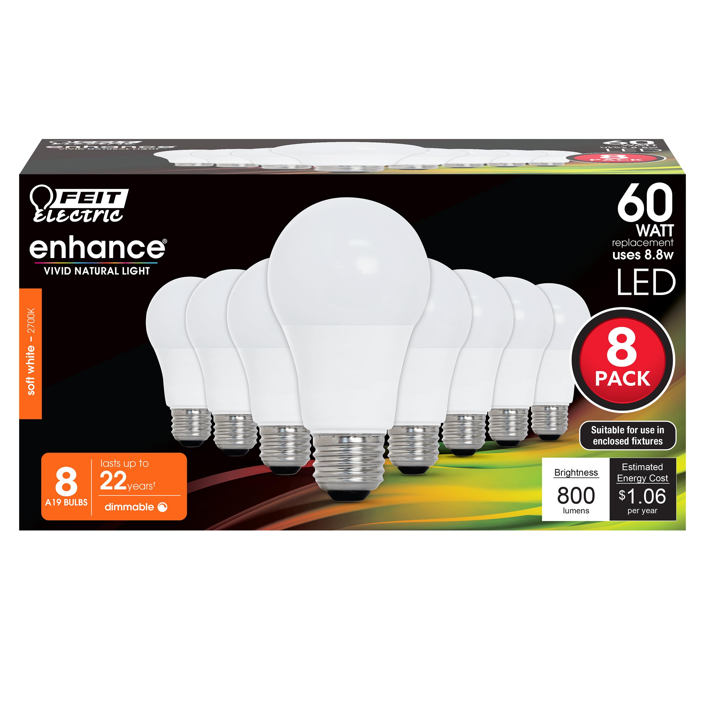 Foto 2 pulgar | Paquete De 8 Bombillas Led Feit Electric A19  9 W  800 Lm  2700 K  E26 - Venta Internacional.