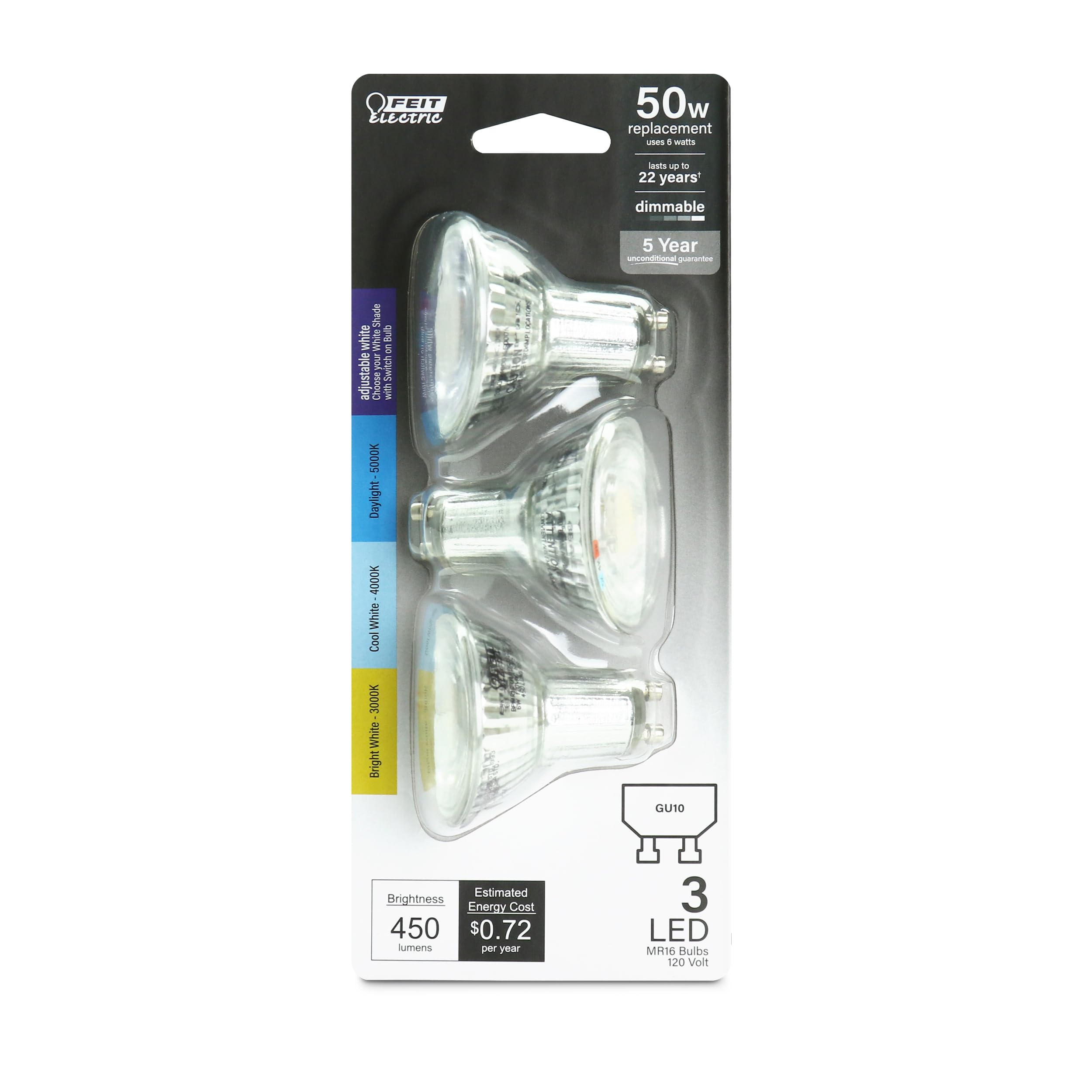 Bombilla Led Reflectora Feit Electric Mr16  5 W  Gu10  Paquete De 3 - Venta Internacional.