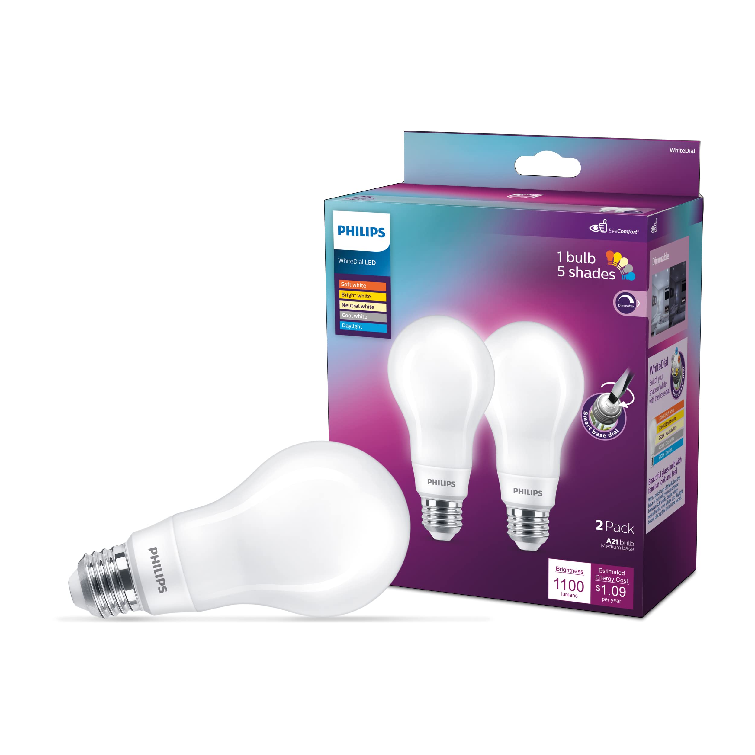 Bombilla Led Philips A19 De 9 W = 75 W  1100 Lm  5 Tonos De Blanco  Paquete De 2 - Venta Internacional.