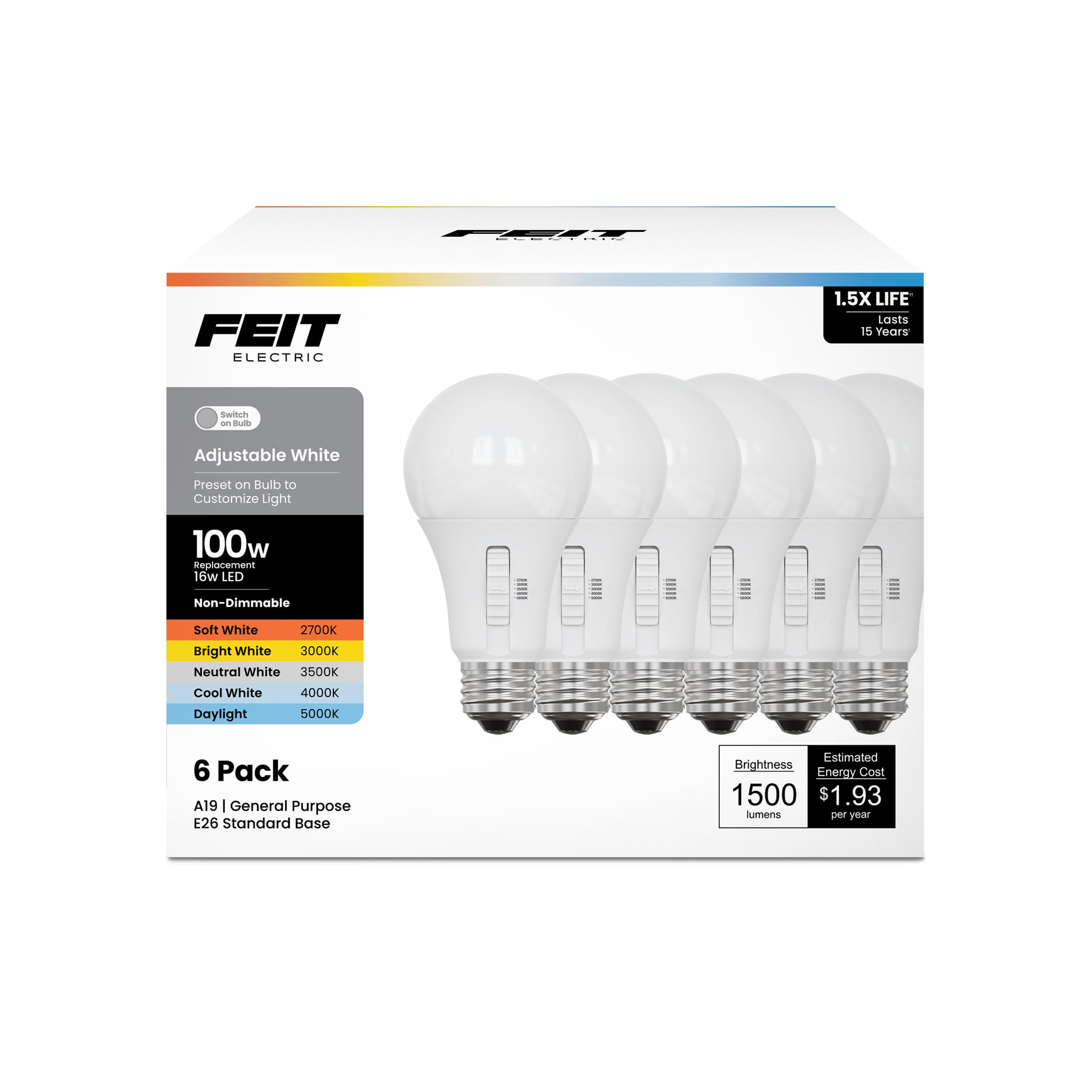 Bombilla Led Feit Electric A19  16 W  1500 Lm  100 W Equiv  Paquete De 6 - Venta Internacional.