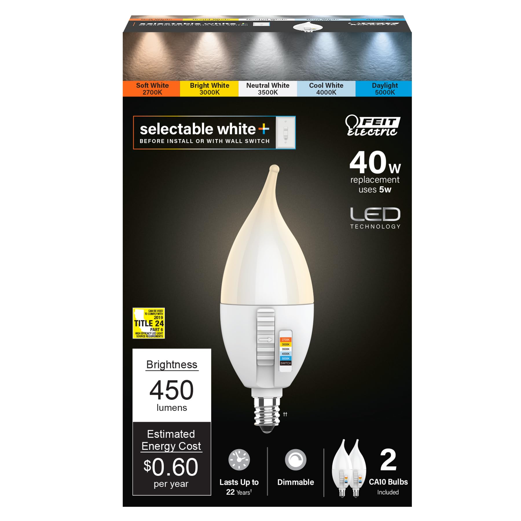 Bombilla Led Para Velas Feit Electric Ca10  Punta De Llama  5 W  450 Lm  Paquete De 2 - Venta Internacional.