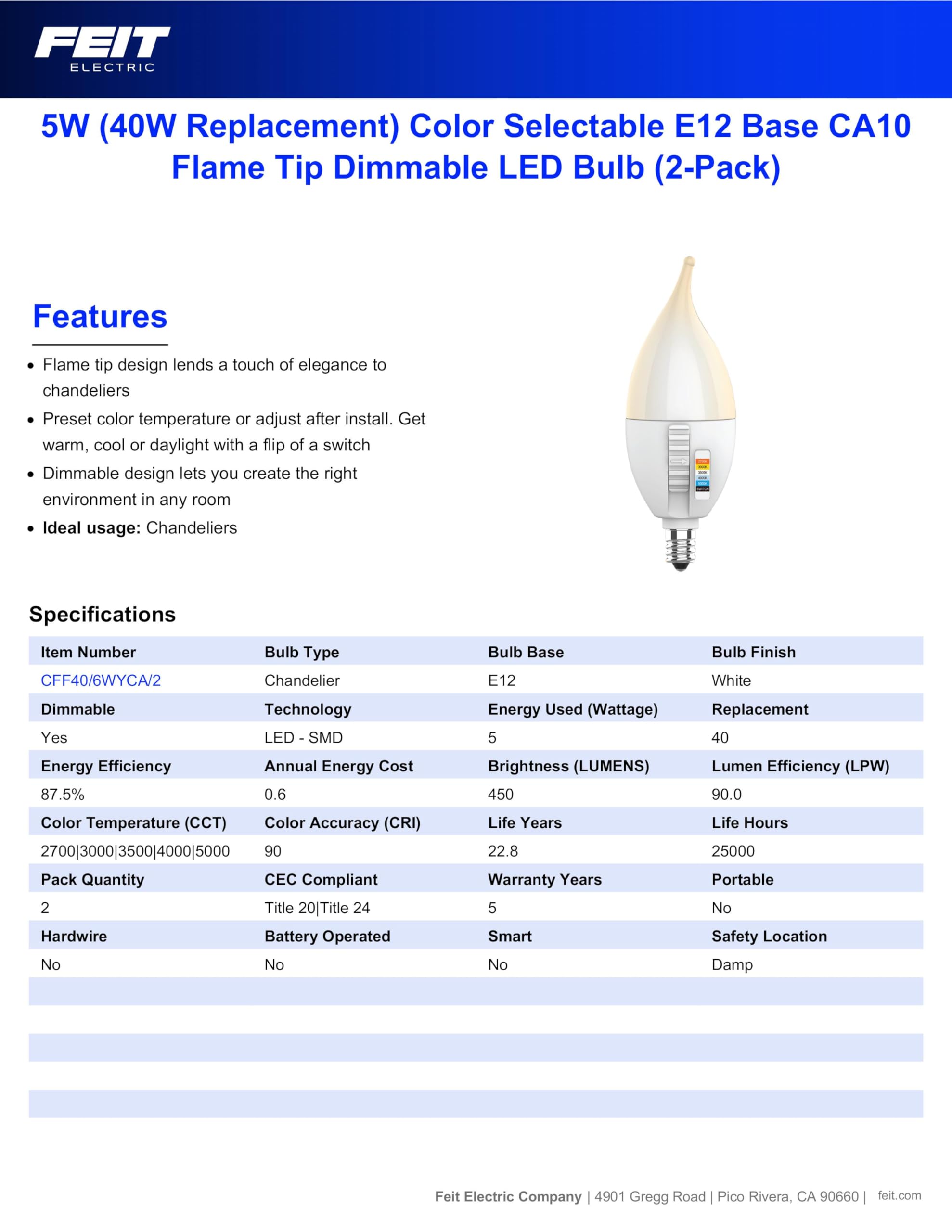 Foto 7 pulgar | Bombilla Led Para Velas Feit Electric Ca10  Punta De Llama  5 W  450 Lm  Paquete De 2 - Venta Internacional.