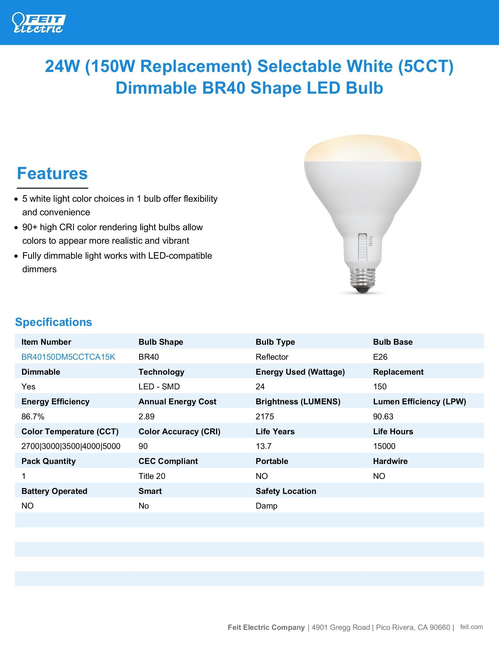 Foto 3 pulgar | Bombilla Led Feit Electric Br40 Equivalente A 150 W  Regulable - Venta Internacional.