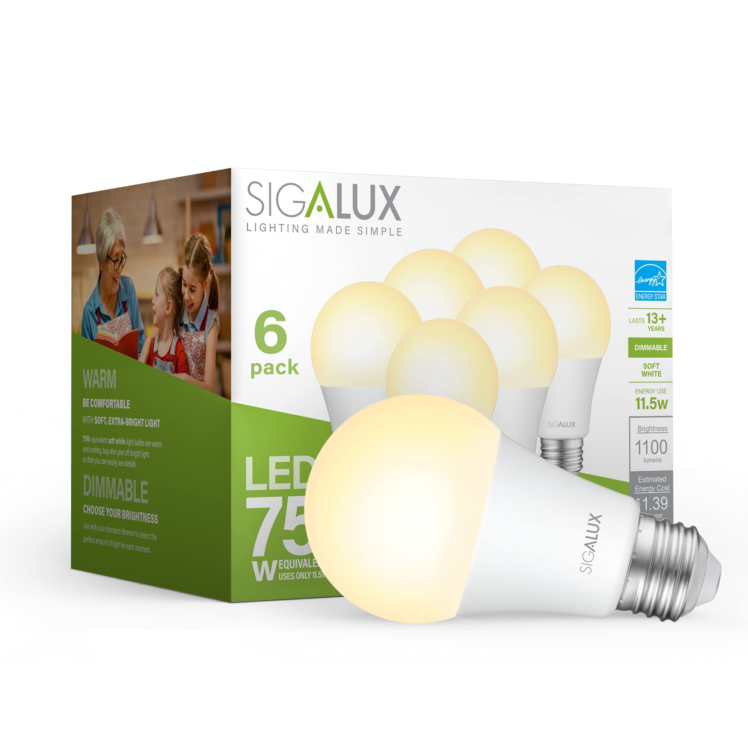 Bombillas Led Sigalux A19  11 5 W  1100 Lm  2700 K  Regulables  Paquete De 6 - Venta Internacional.