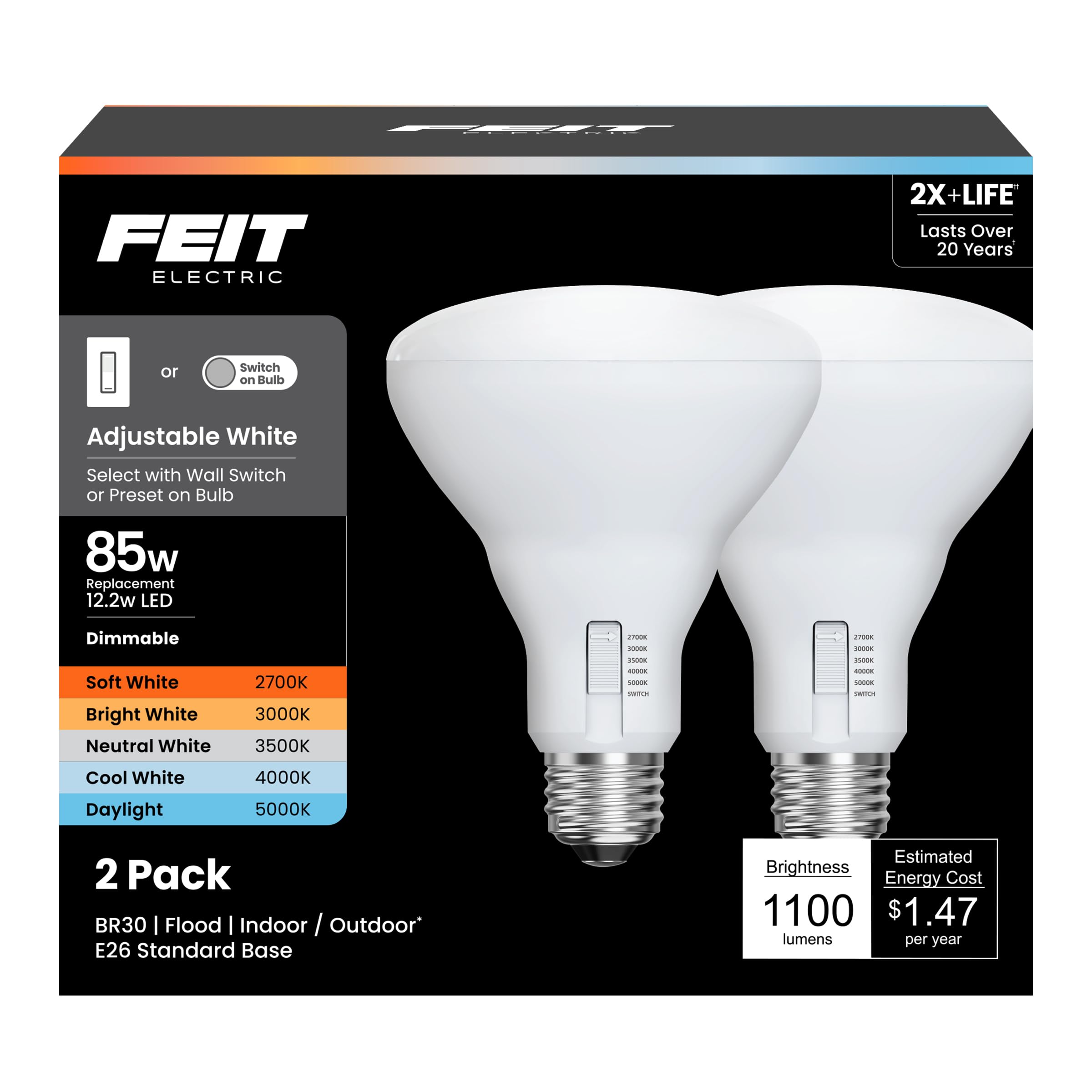 Foto 1 | Bombilla Led Feit Electric Br30 Equivalente A 85 W  1100 Lm  Paquete De 2 - Venta Internacional.