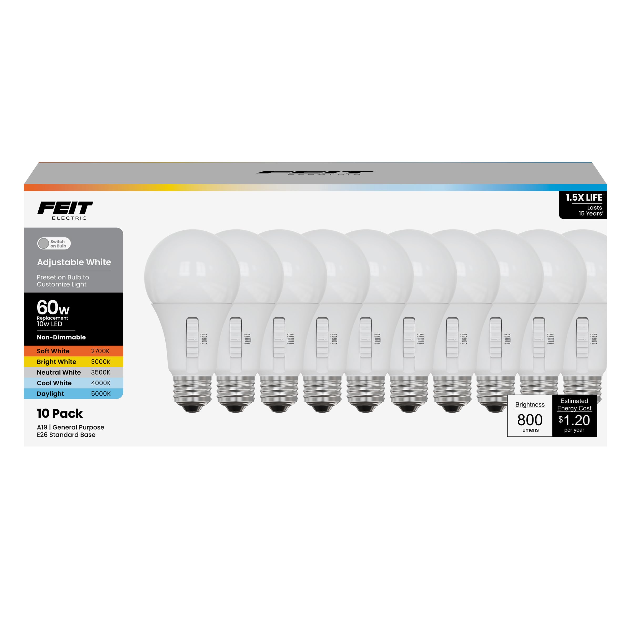 Bombilla Led Feit Electric A19  10 W (equivalente A 60 W)  800 Lm  Paquete De 10 - Venta Internacional.