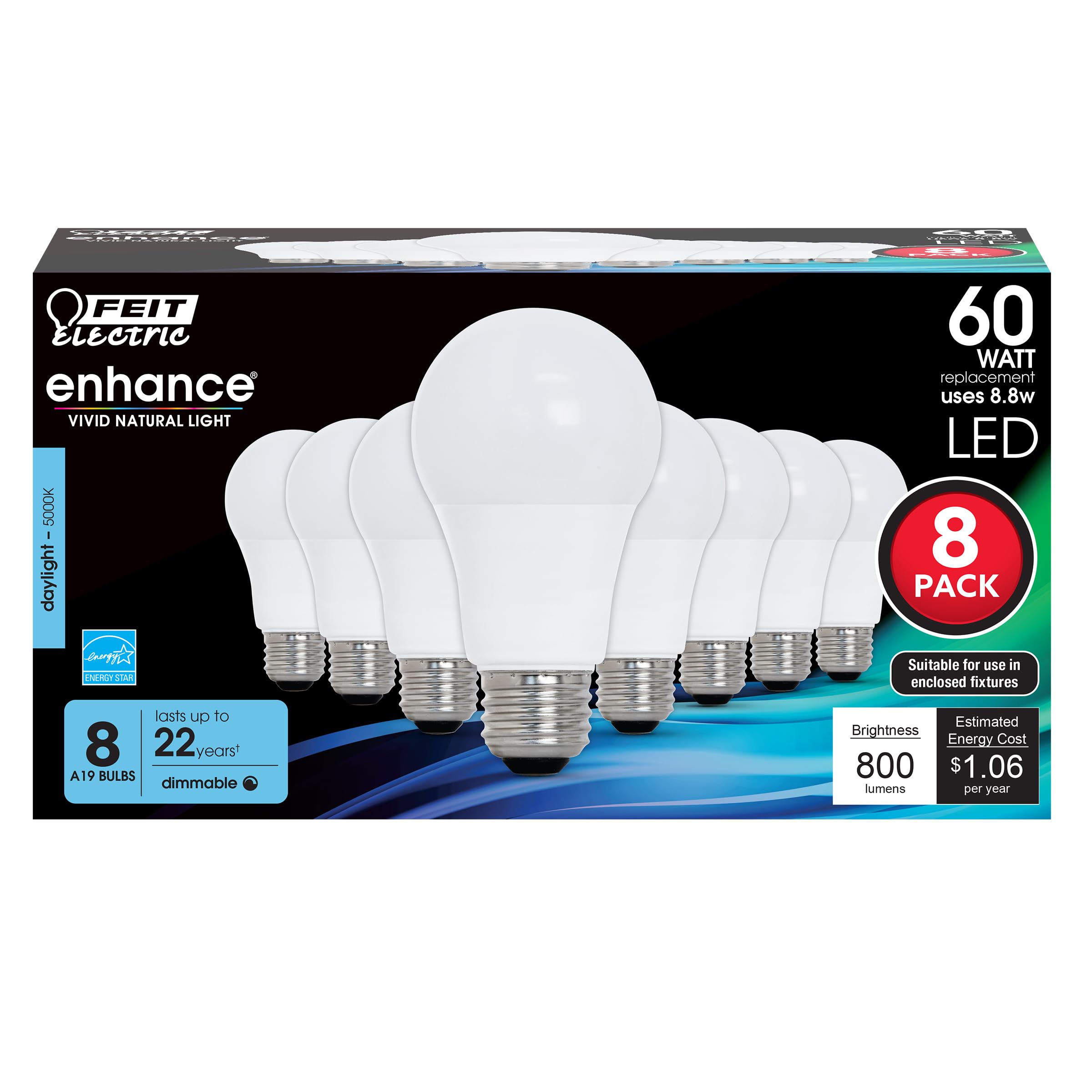 Bombillas Led Feit Electric A19  9 W  800 Lm  5000 K  Regulables  Paquete De 8 Unidades - Venta Internacional.