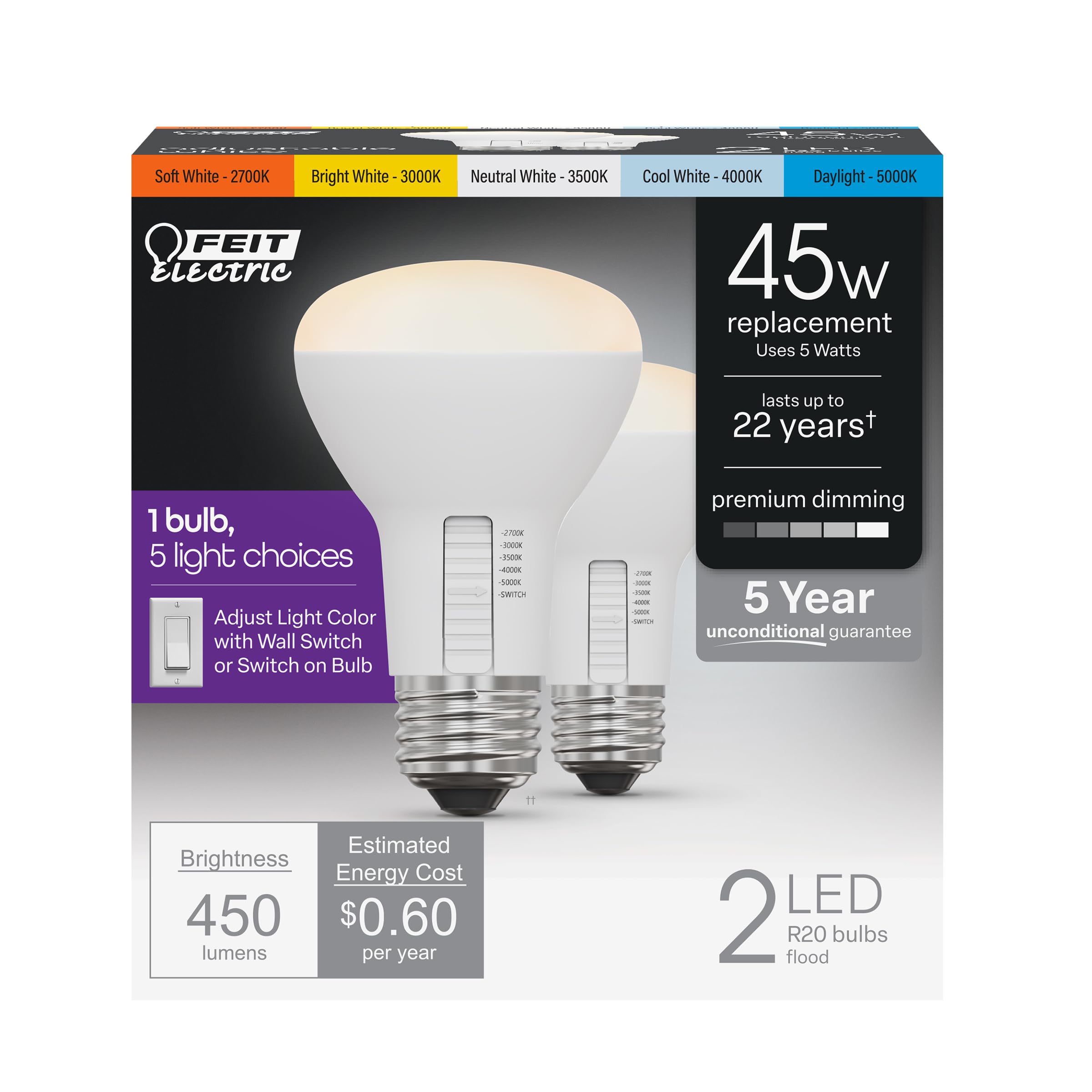 Bombilla Led Feit Electric R20 De 5 W  450 Lm  45 W  Regulable  5 Cct - Venta Internacional.