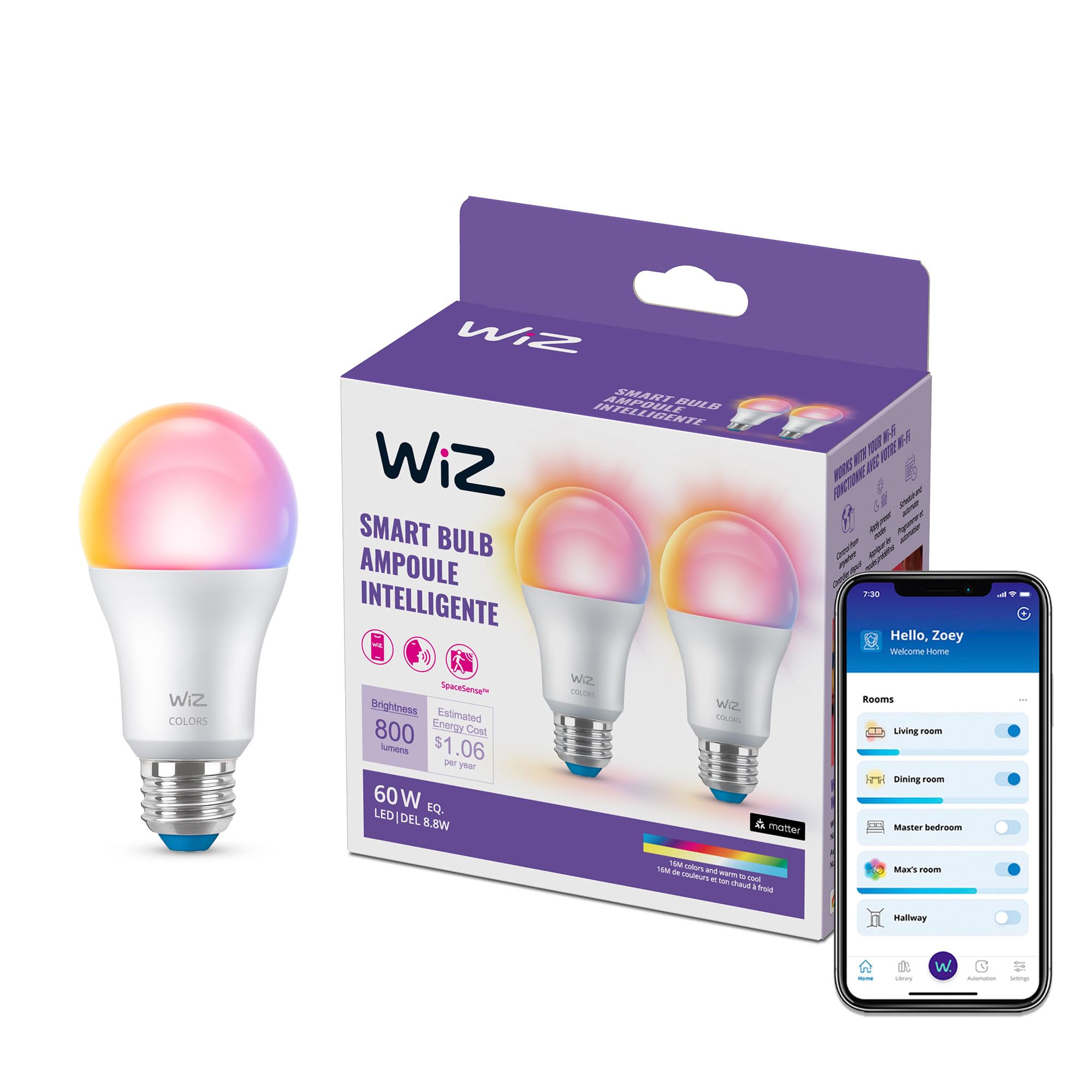 Bombillas Inteligentes Wiz Led A Todo Color  A19  9 W  800 Lúmenes  E26  Paquete De 2 - Venta Internacional.
