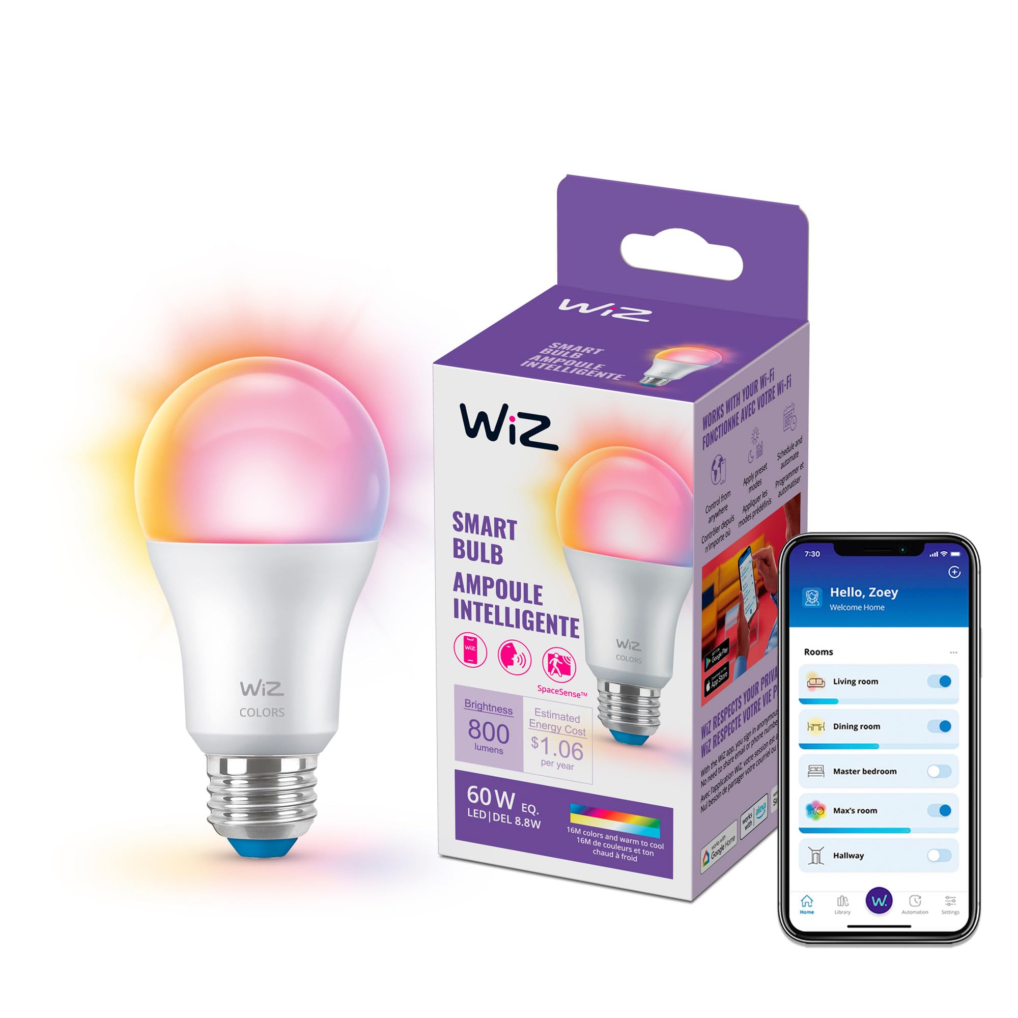 Bombilla Inteligente Wiz Led A Todo Color  A19  9 W  800 Lúmenes  E26  1 Paquete - Venta Internacional.