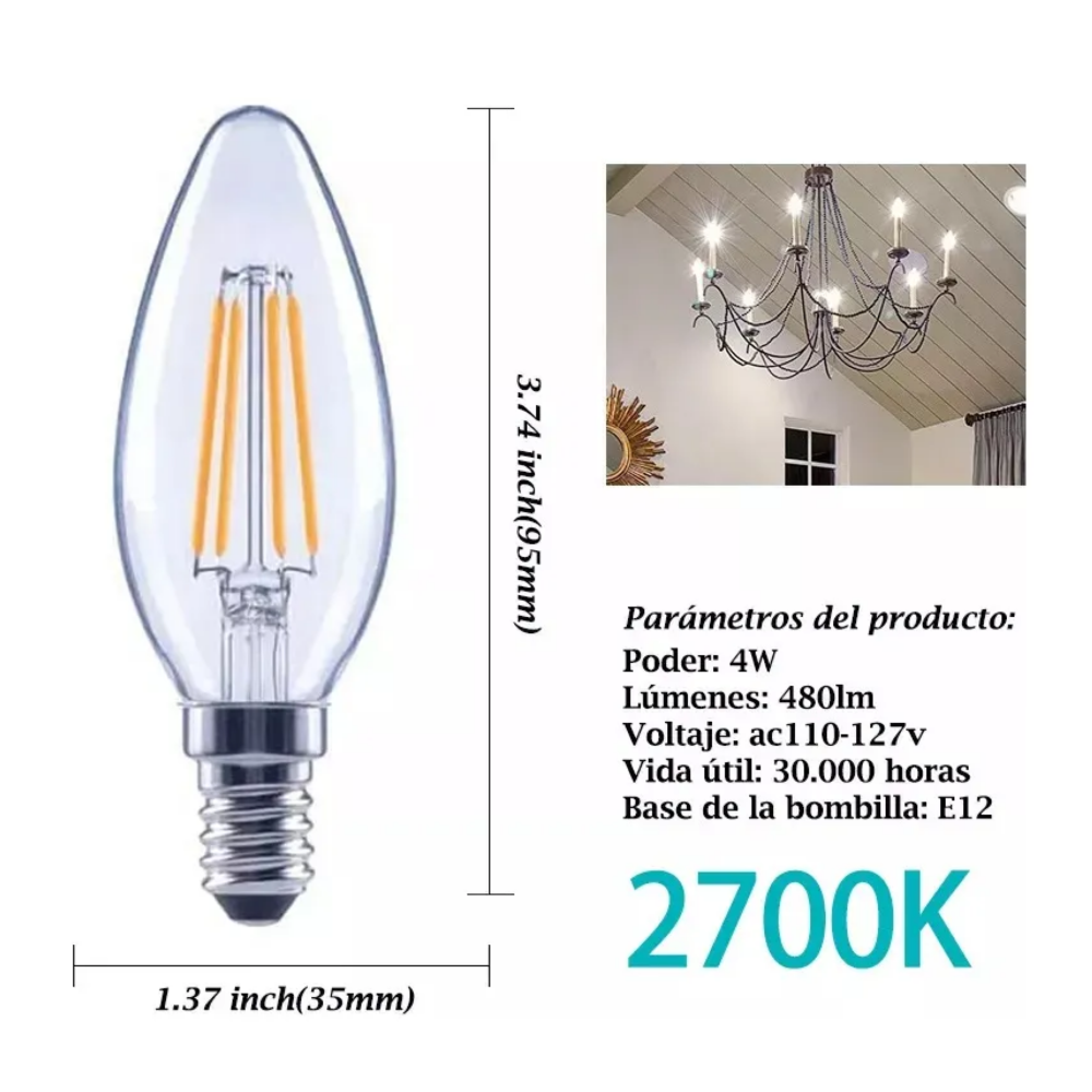 Foto 4 pulgar | 12 Foco Led Ahorradores Vintage E12 4w Equivalente 40w Blanco Frío Belug