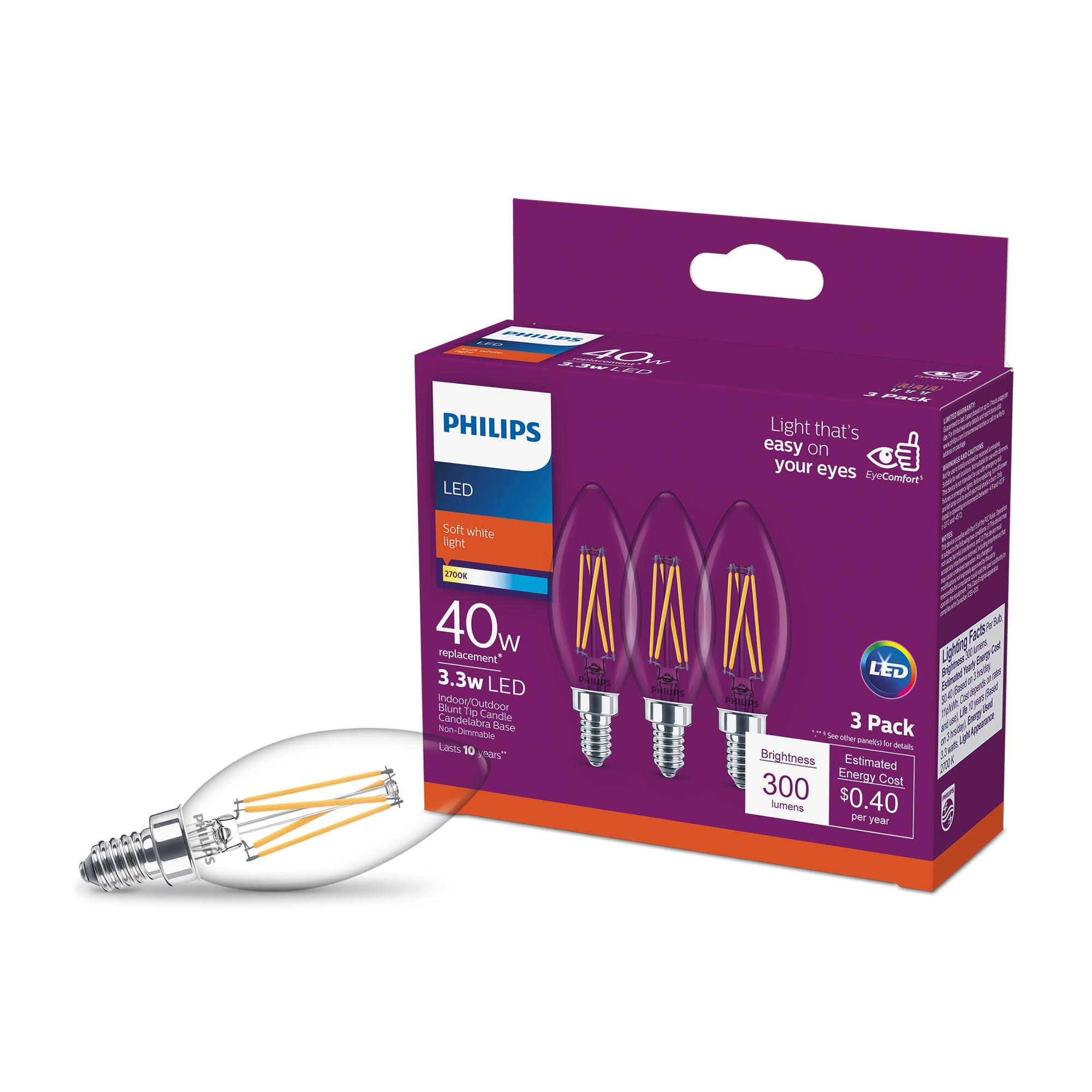 Bombilla Led Philips  Transparente  No Regulable  B11  3 3 W = 40 W - Venta Internacional.