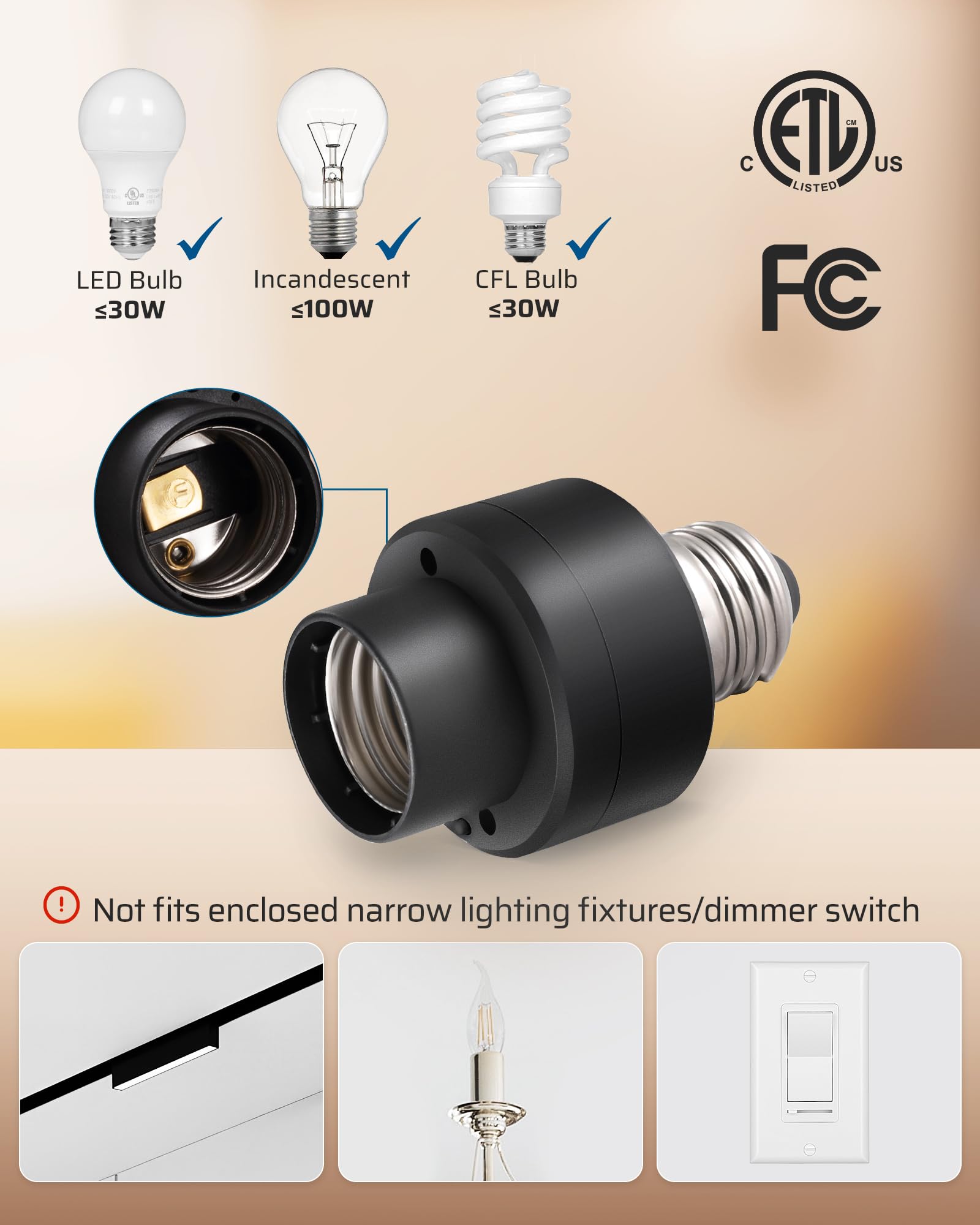 Foto 5 | Conector De Luz Con Mando A Distancia Dewenwils Dimmer E26 E27, Color Negro - Venta Internacional.