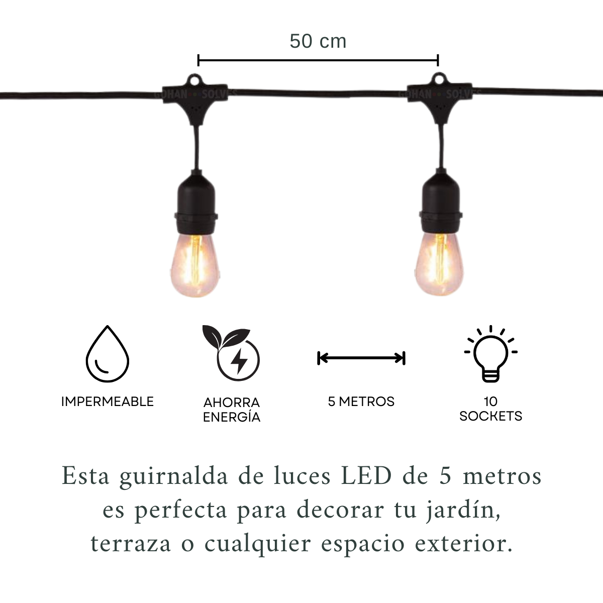 Foto 3 pulgar | Luces Para Jardín Exterior, Guirnalda Led 5 Metros Con 10 Sockets Base E26 / 27, Ahorro De Energía, Impermeabl