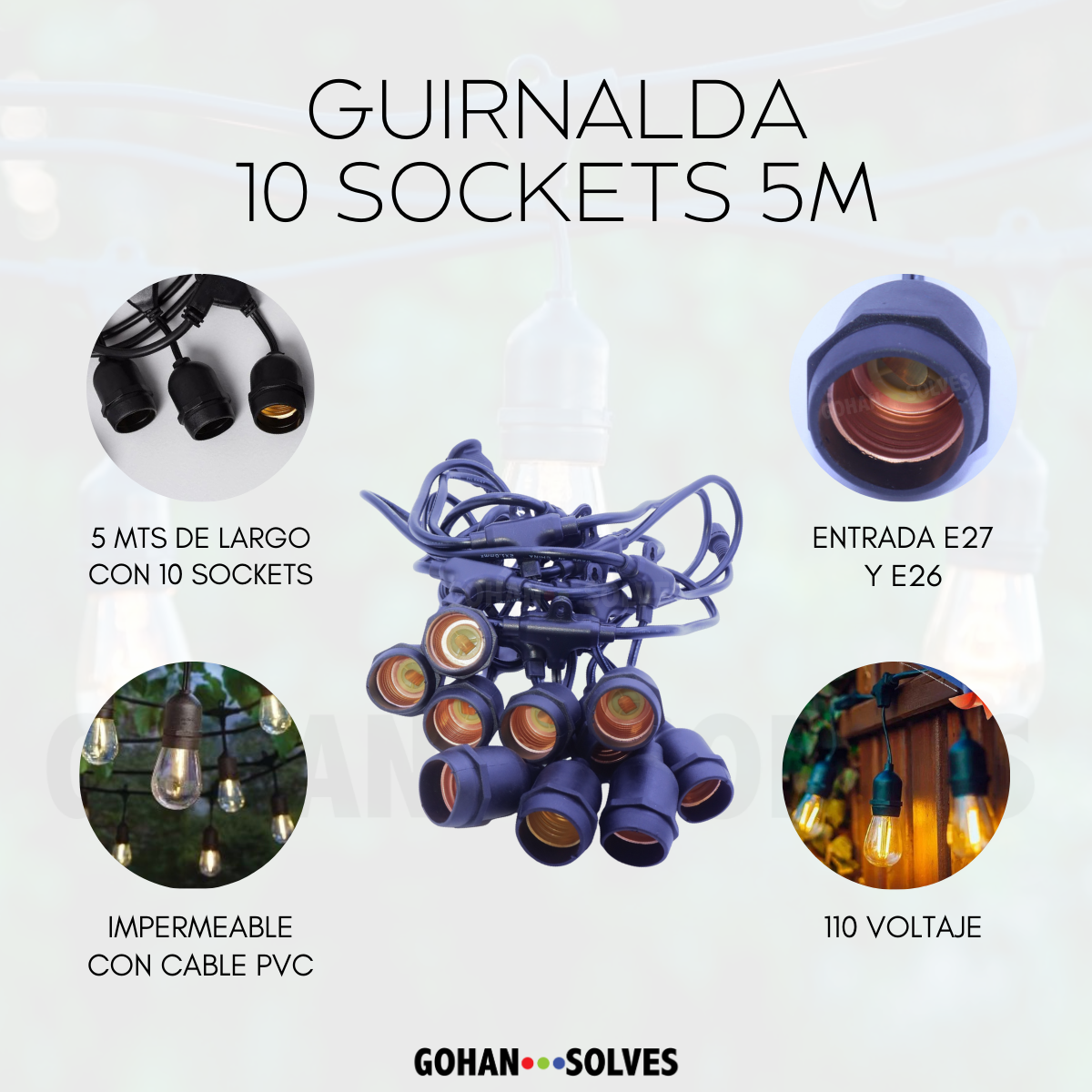 Foto 5 pulgar | Luces Para Jardín Exterior, Guirnalda Led 5 Metros Con 10 Sockets Base E26 / 27, Ahorro De Energía, Impermeabl