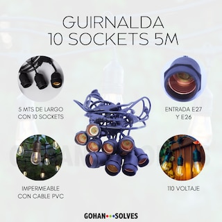 Foto 4 | Luces Para Jardín Exterior, Guirnalda Led 5 Metros Con 10 Sockets Base E26 / 27, Ahorro De Energía, Impermeabl